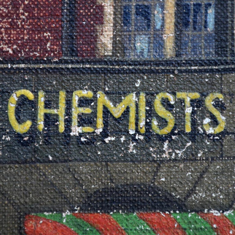 Hand-Painted English Folk Art Oil on Canvas Painting a Chemist in Mayfair, circa 1950 For Sale