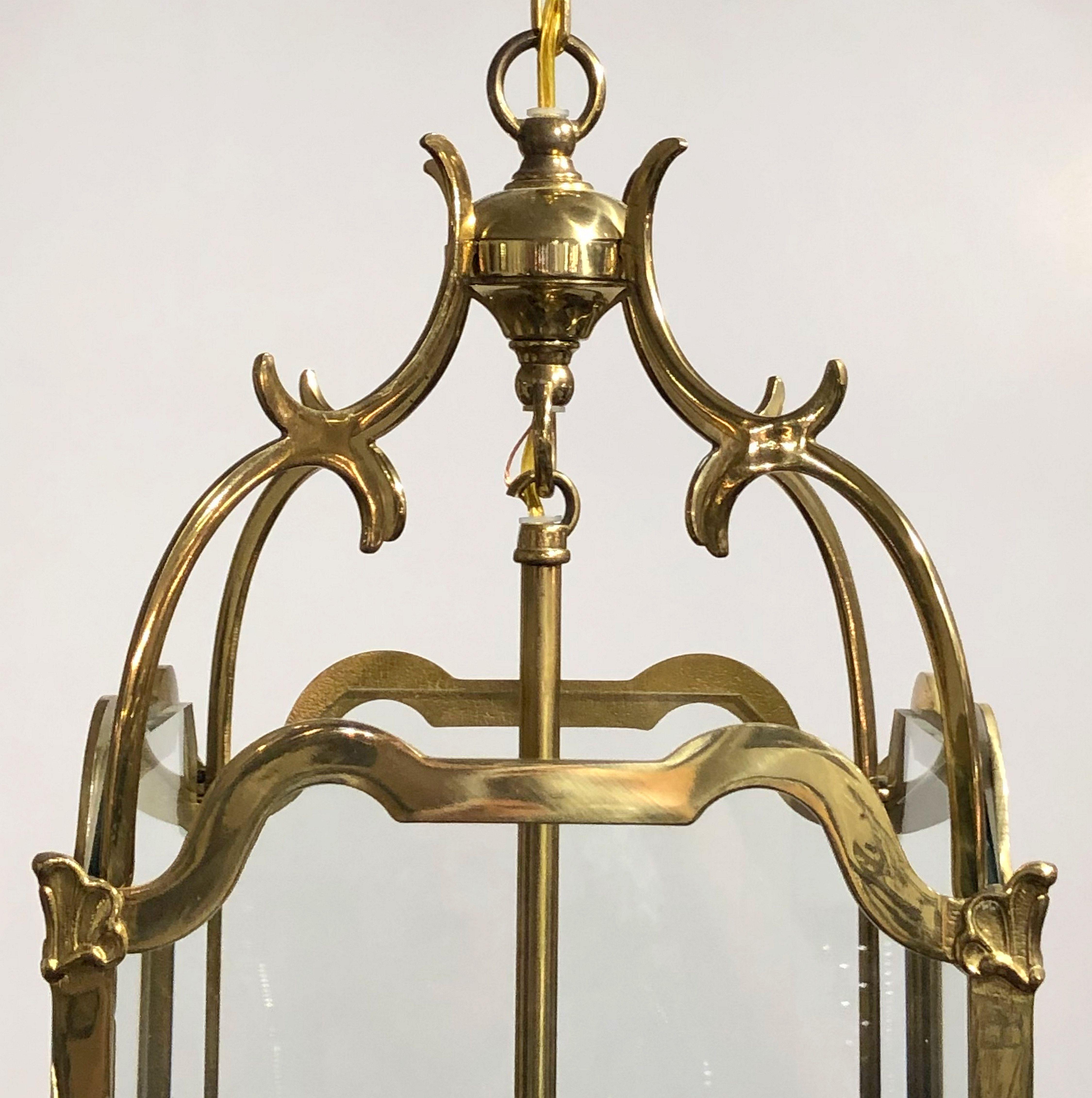 English Four-Light Hanging Lantern or Light Fixture of Brass with Beveled Glass 6