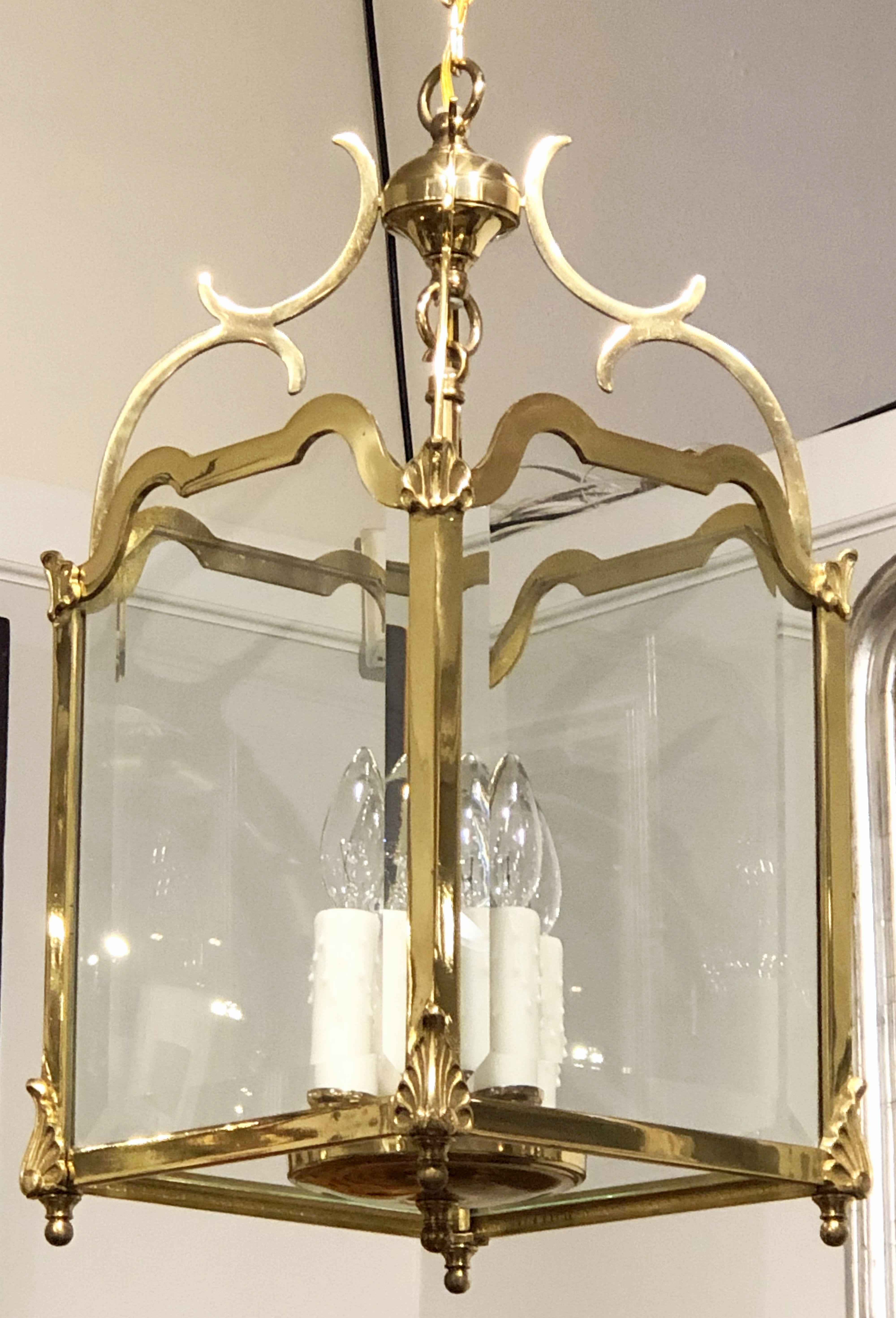 English Four-Light Hanging Lantern or Light Fixture of Brass with Beveled Glass 8