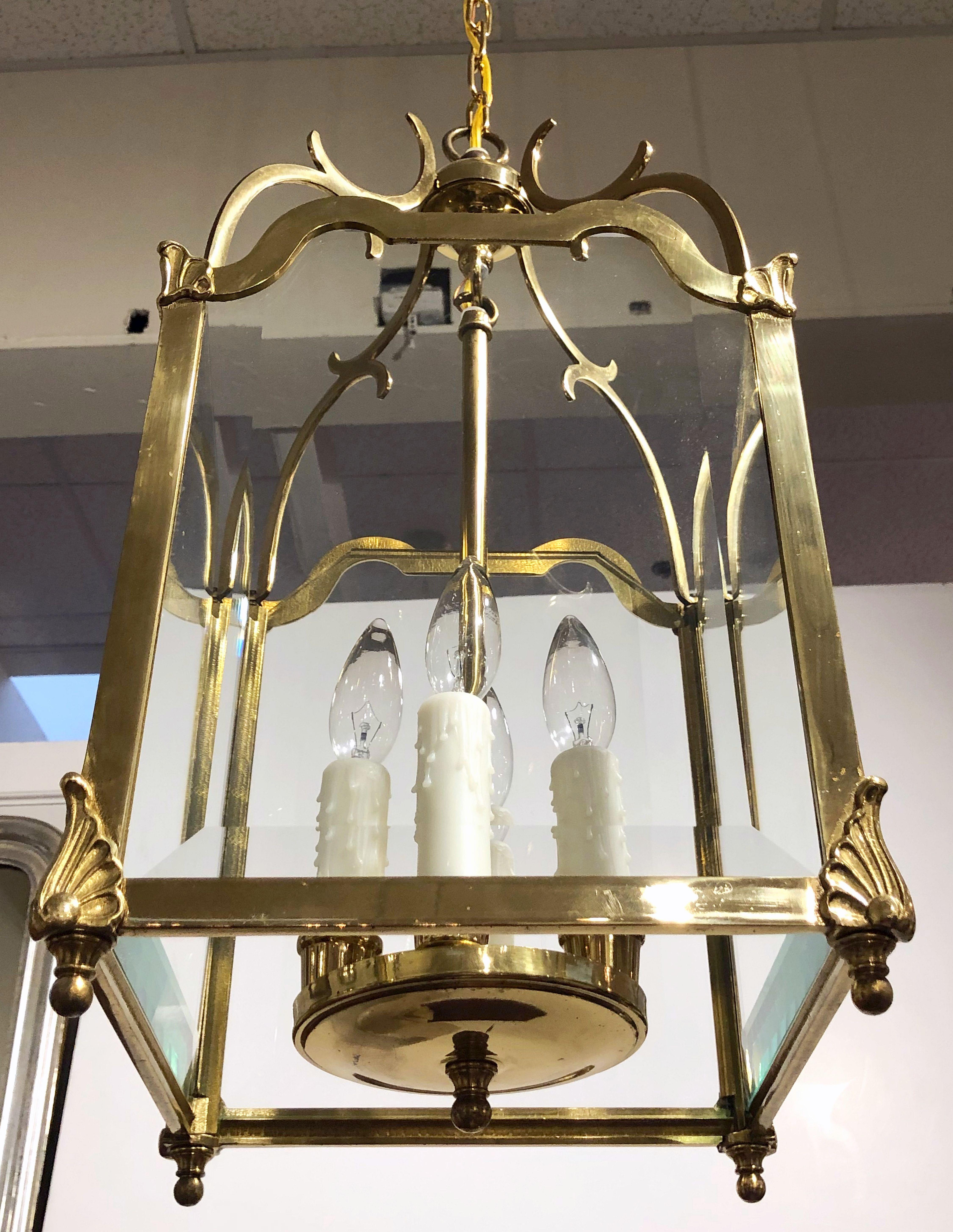 English Four-Light Hanging Lantern or Light Fixture of Brass with Beveled Glass 9