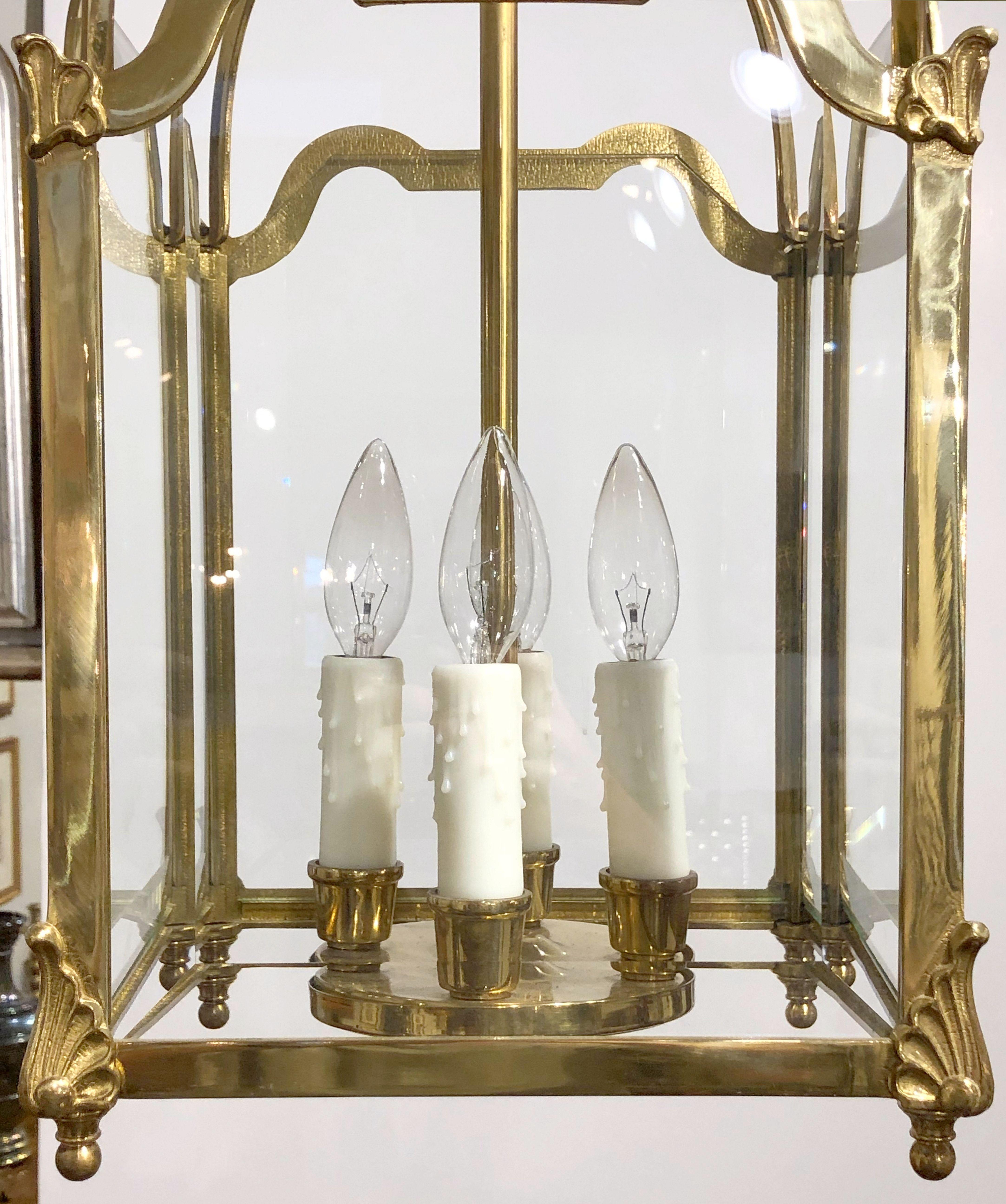 English Four-Light Hanging Lantern or Light Fixture of Brass with Beveled Glass 11