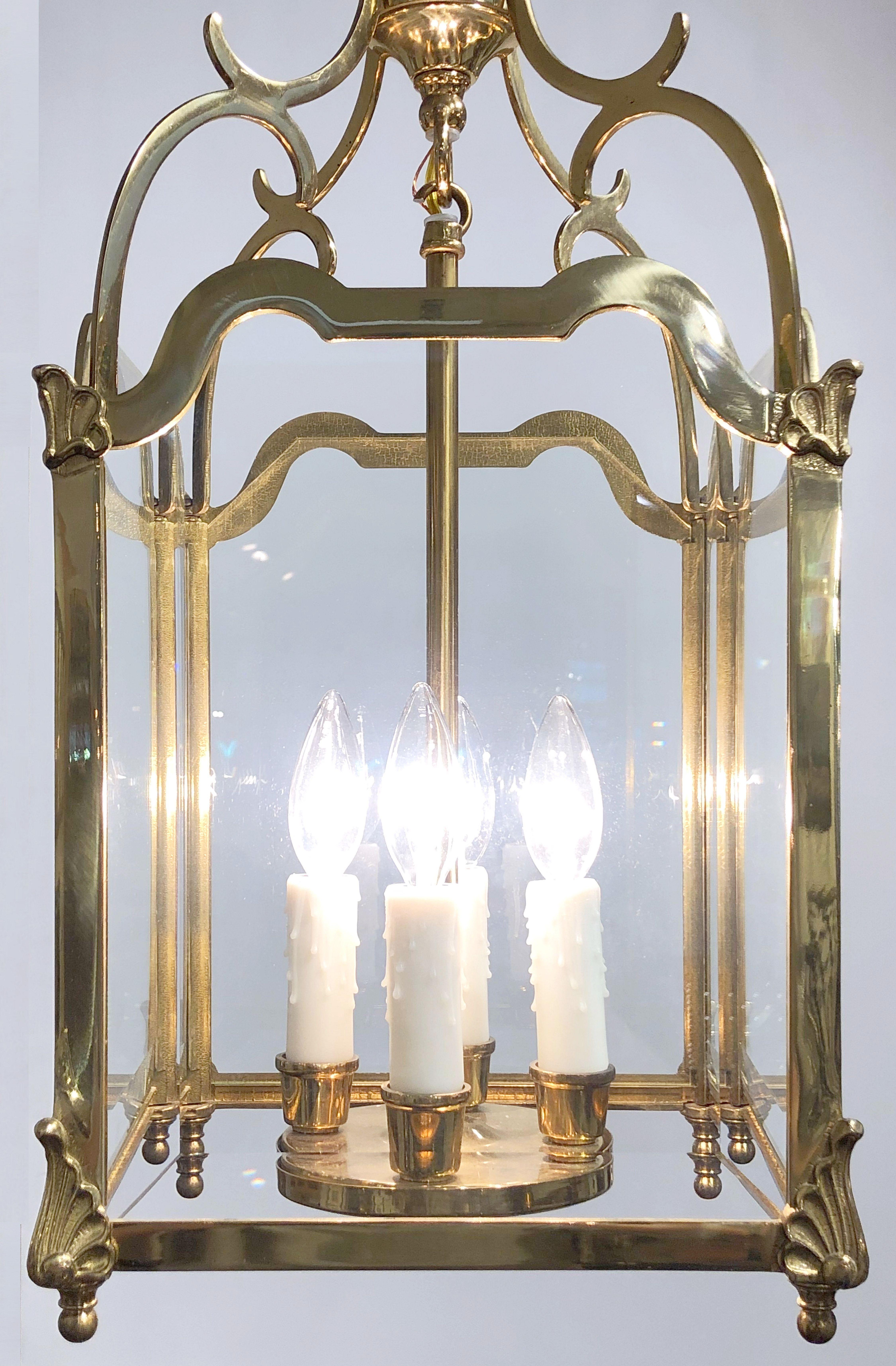 English Four-Light Hanging Lantern or Light Fixture of Brass with Beveled Glass 12