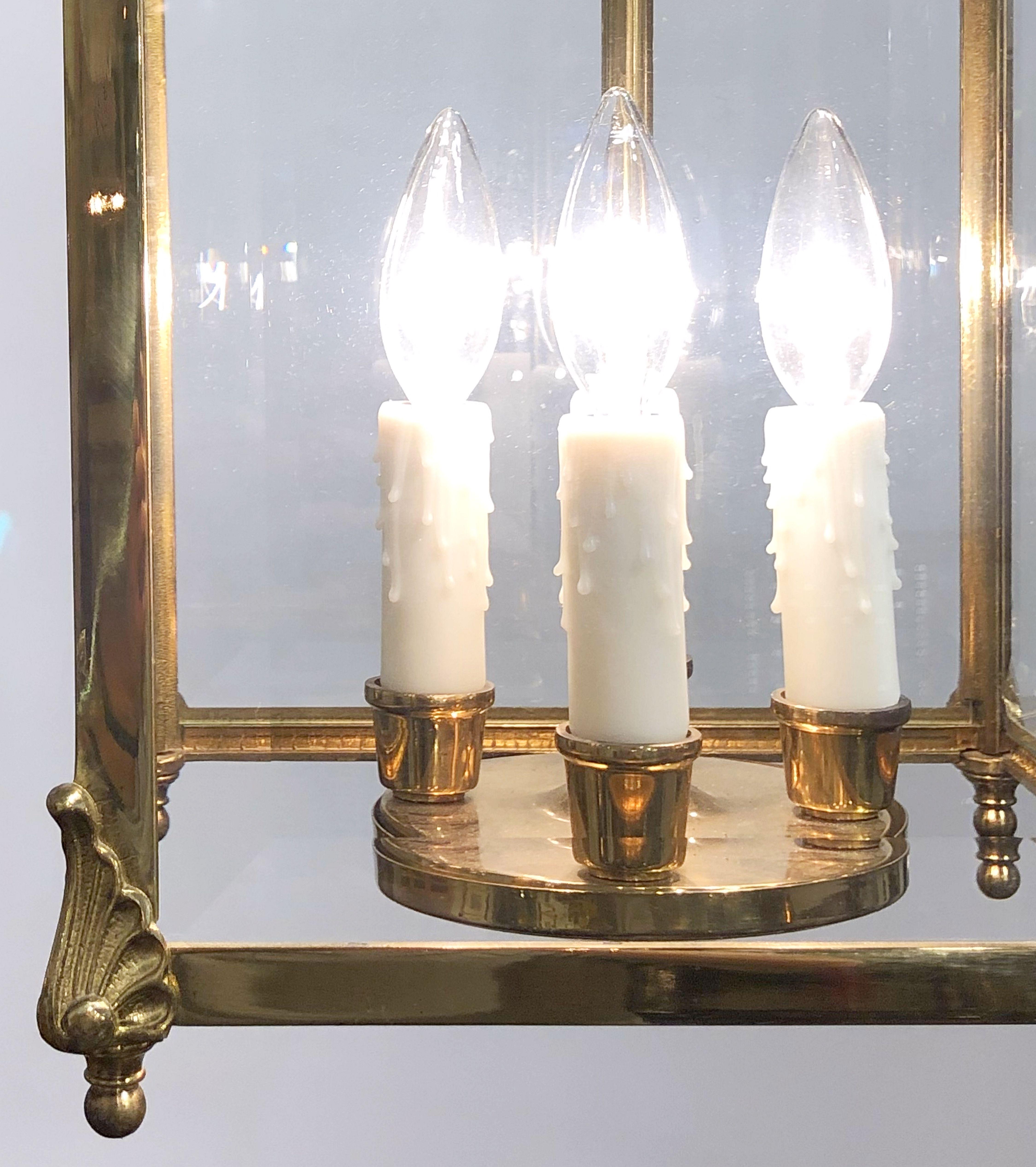 English Four-Light Hanging Lantern or Light Fixture of Brass with Beveled Glass 15