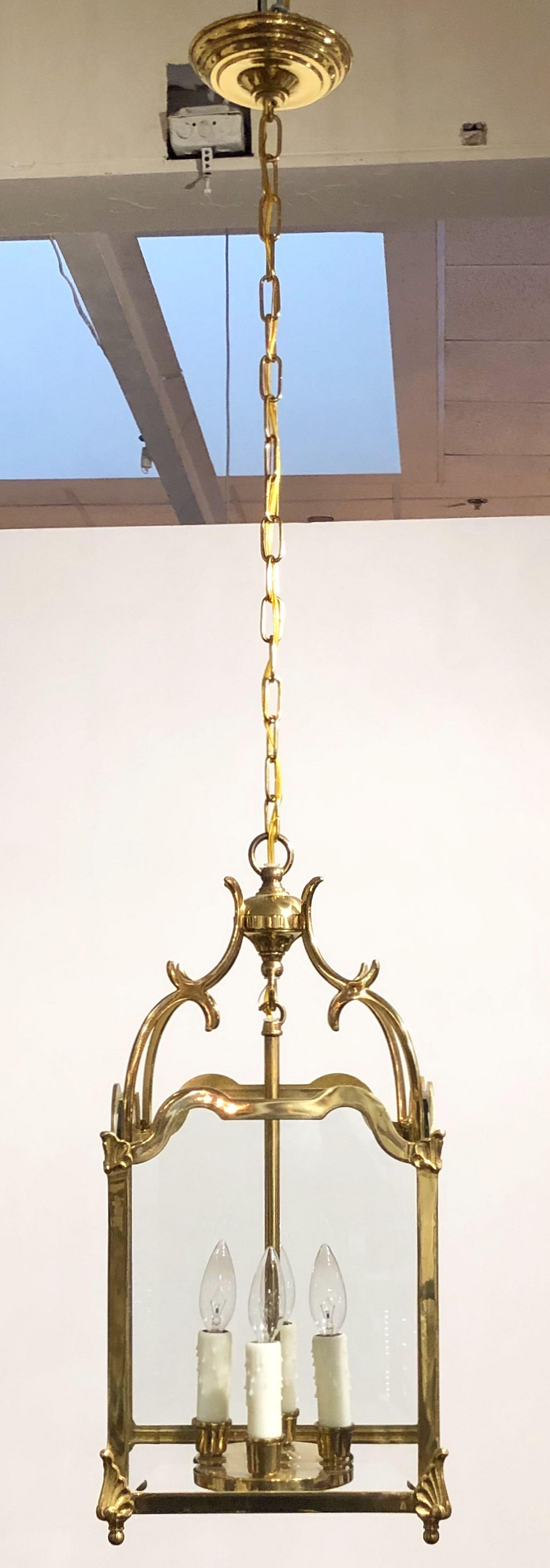English Four-Light Hanging Lantern or Light Fixture of Brass with Beveled Glass In Good Condition In Austin, TX