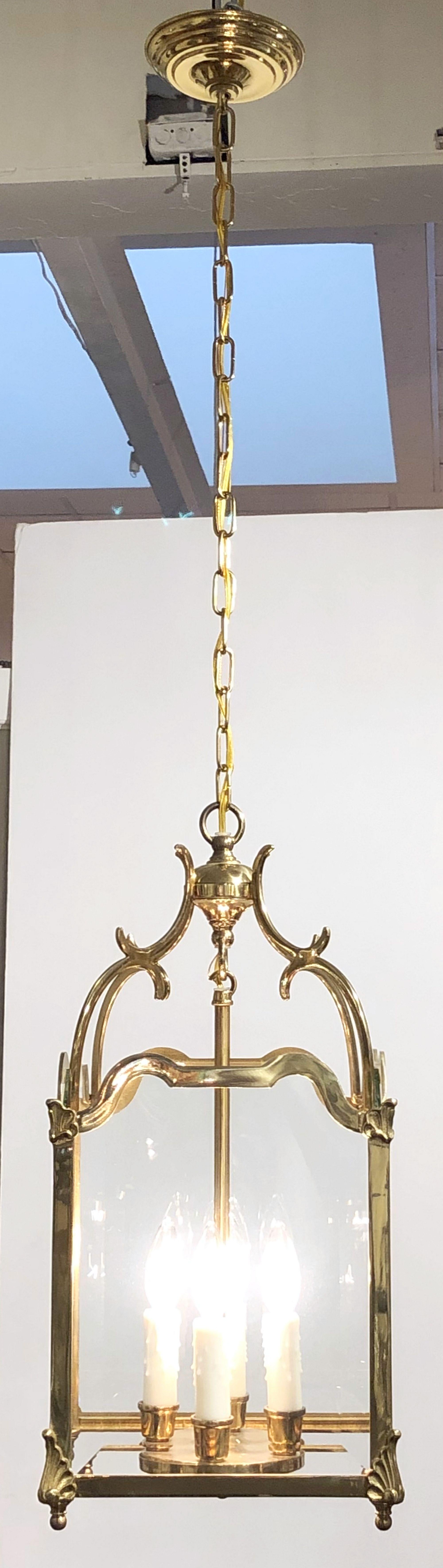 20th Century English Four-Light Hanging Lantern or Light Fixture of Brass with Beveled Glass