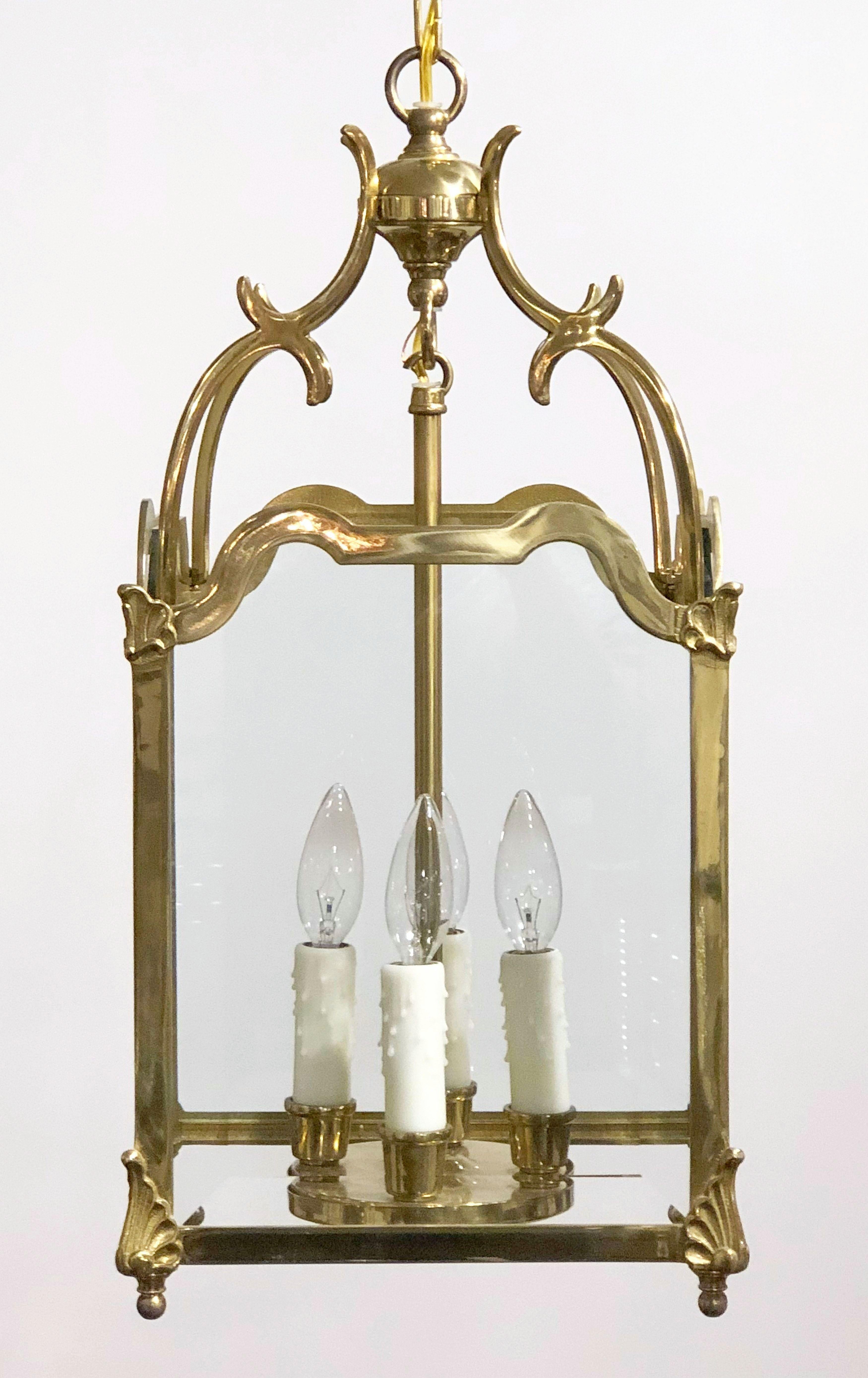 Metal English Four-Light Hanging Lantern or Light Fixture of Brass with Beveled Glass