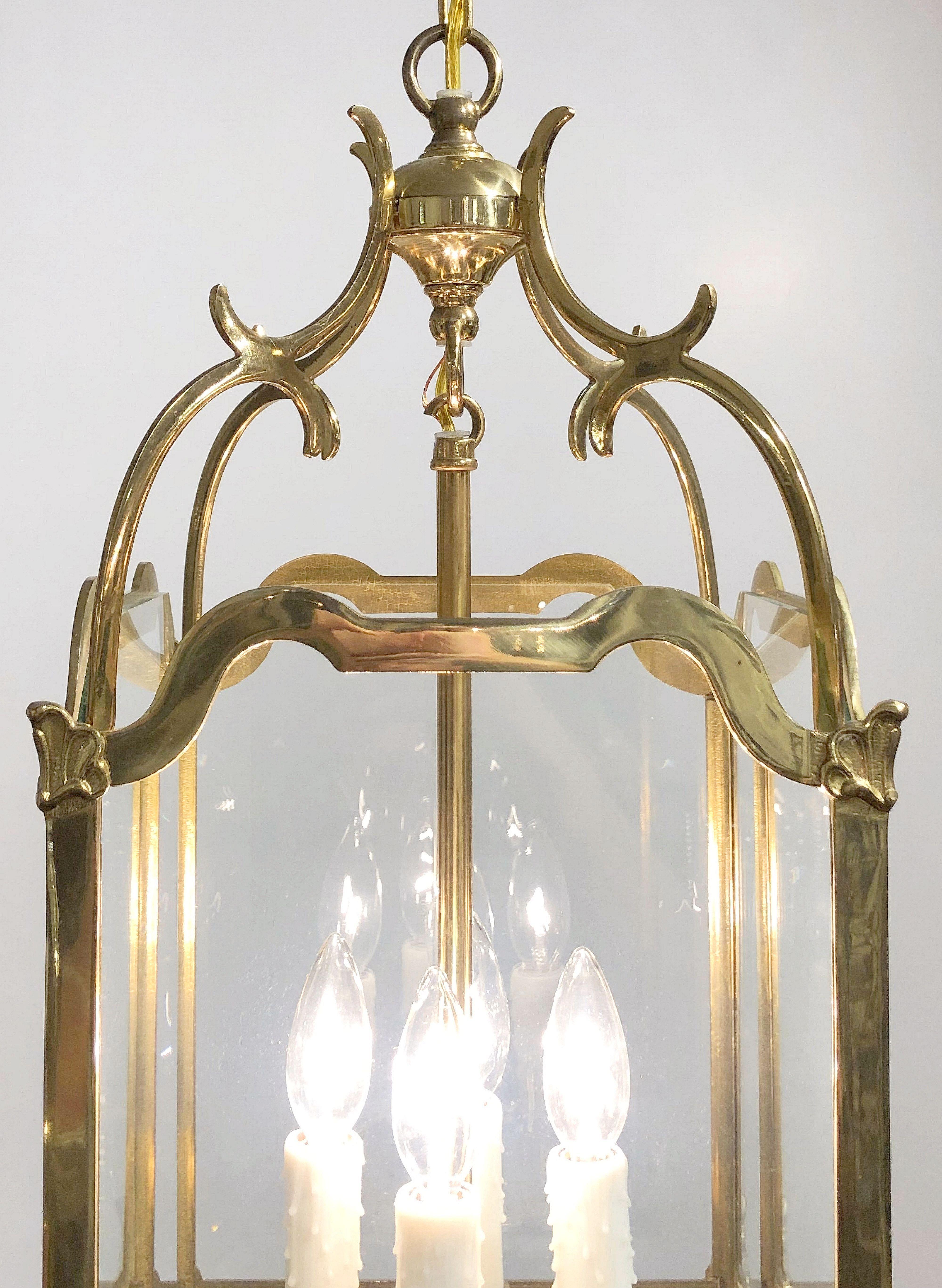 English Four-Light Hanging Lantern or Light Fixture of Brass with Beveled Glass 3