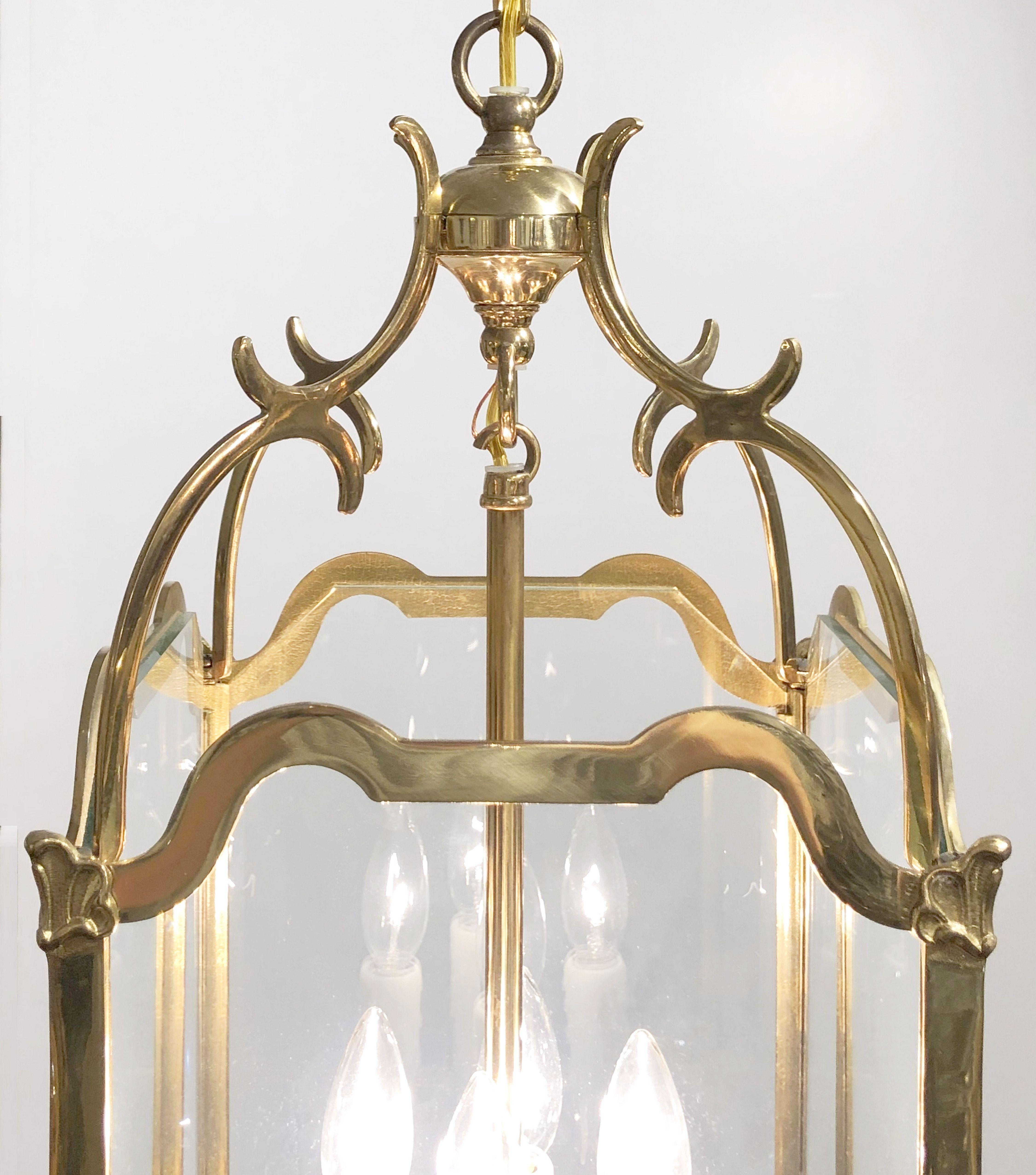 English Four-Light Hanging Lantern or Light Fixture of Brass with Beveled Glass 4
