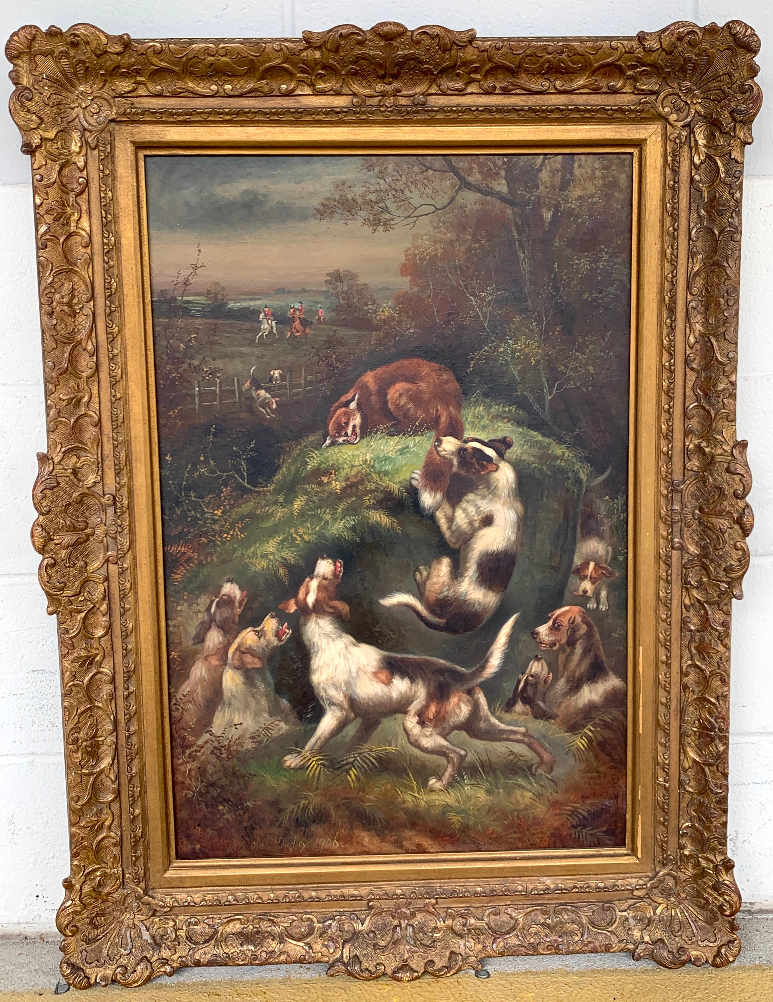 English fox hunt painting, 'Caught at Last' by Charles Dudley, 1906
A masterwork by English sporting painter Charles Dudley, (1826 - 1909)
Signed lower left, titled and dated 'Caught at Last 1906' on reverse.
This spectacular vertical painting