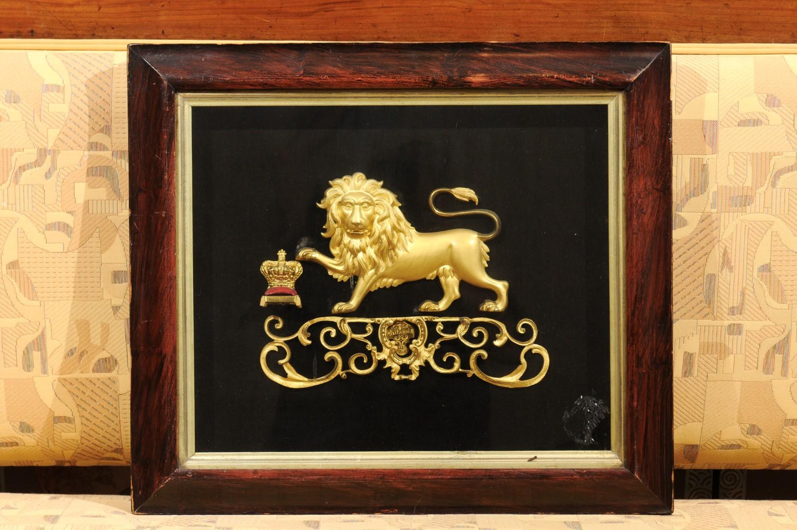 A 19th century English gilt bronze lion mounted on black velvet in wooden and gilt frame. 

  