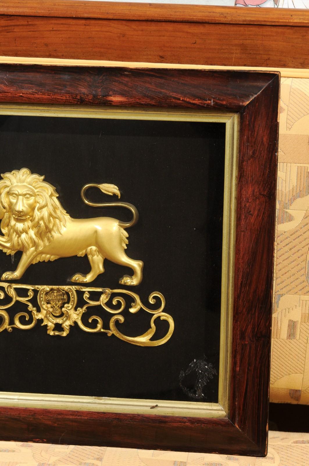 English Framed Gilt Bronze Lion Mounted on Black Velvet, 19th Century 1