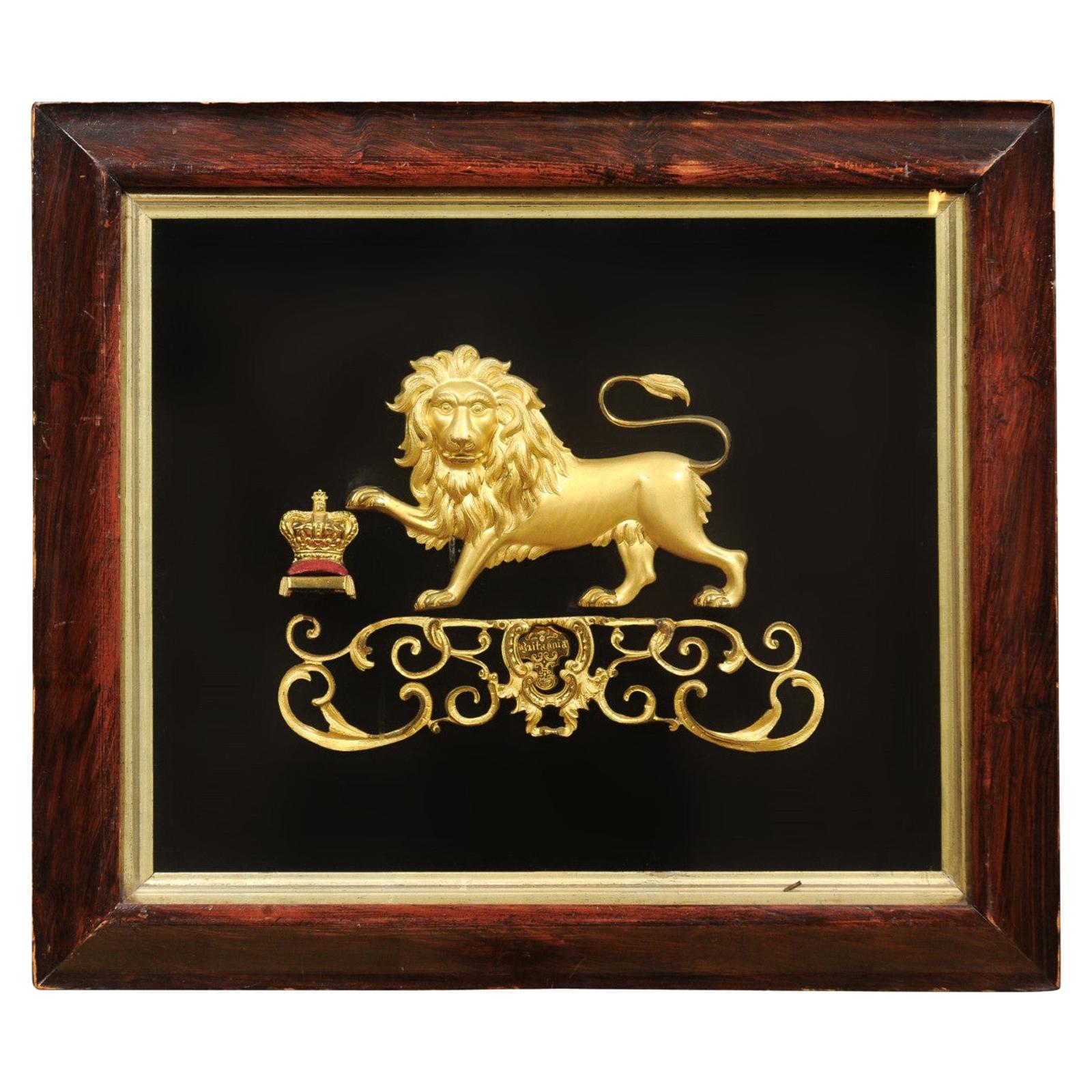 English Framed Gilt Bronze Lion Mounted on Black Velvet, 19th Century