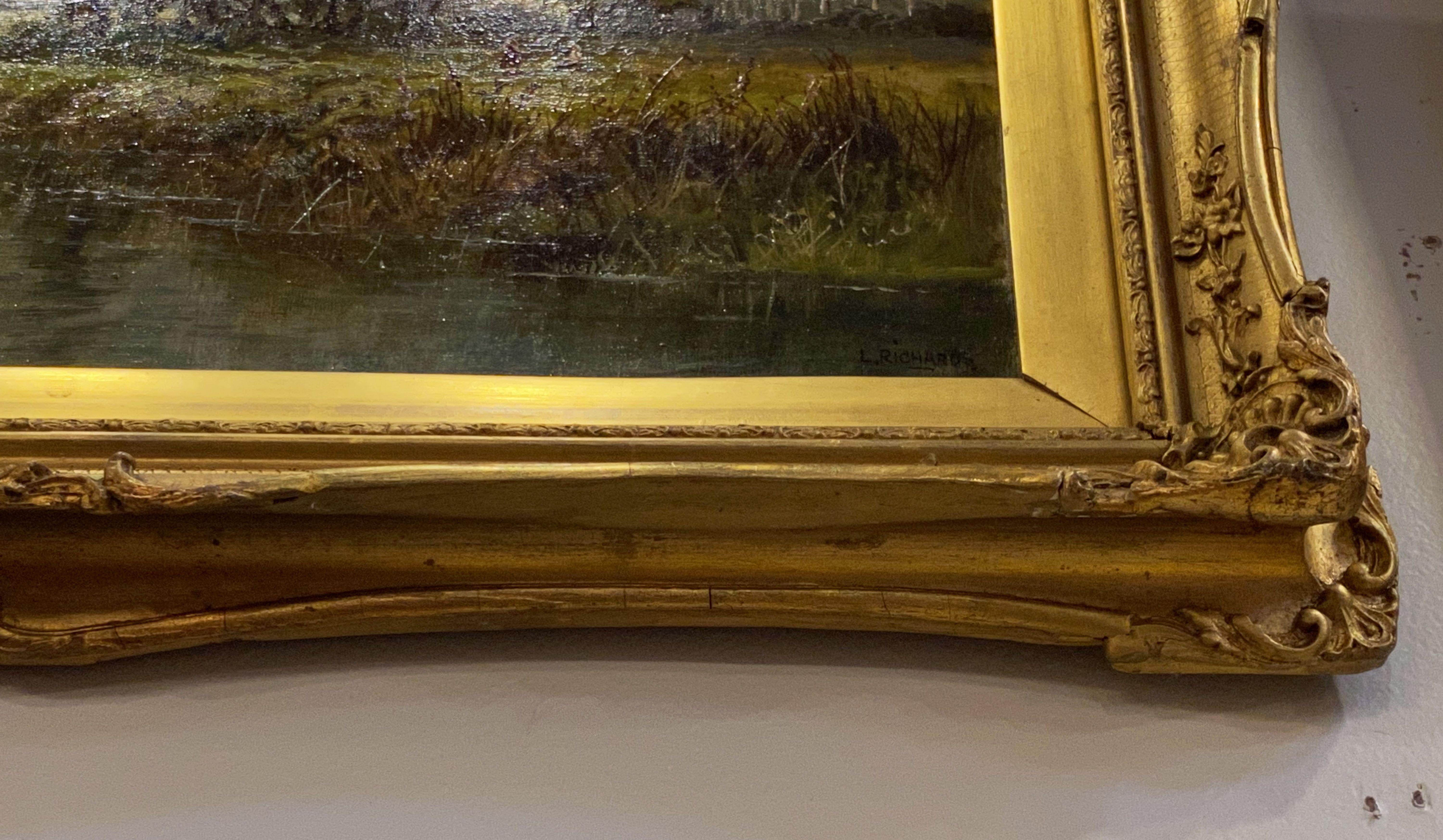 English Framed Oil Painting of a River Landscape by L. Richards 10