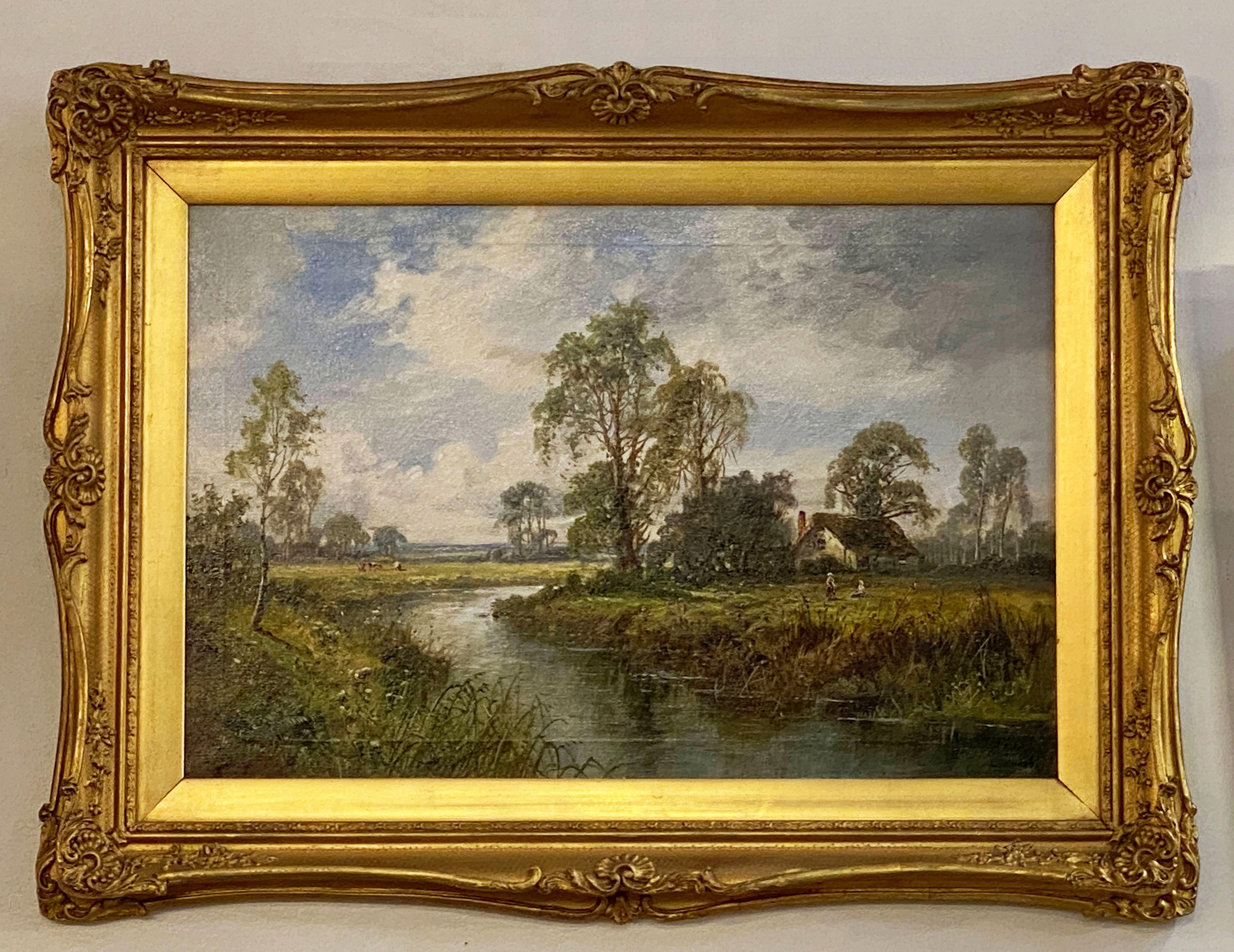 A fine rectangular English oil painting on canvas in a giltwood frame, featuring an English river landscape with cottage.

Signed: L. Richards

Dimensions: H 23 1/2 inches x W 31 inches x D 2 3/4 inches.