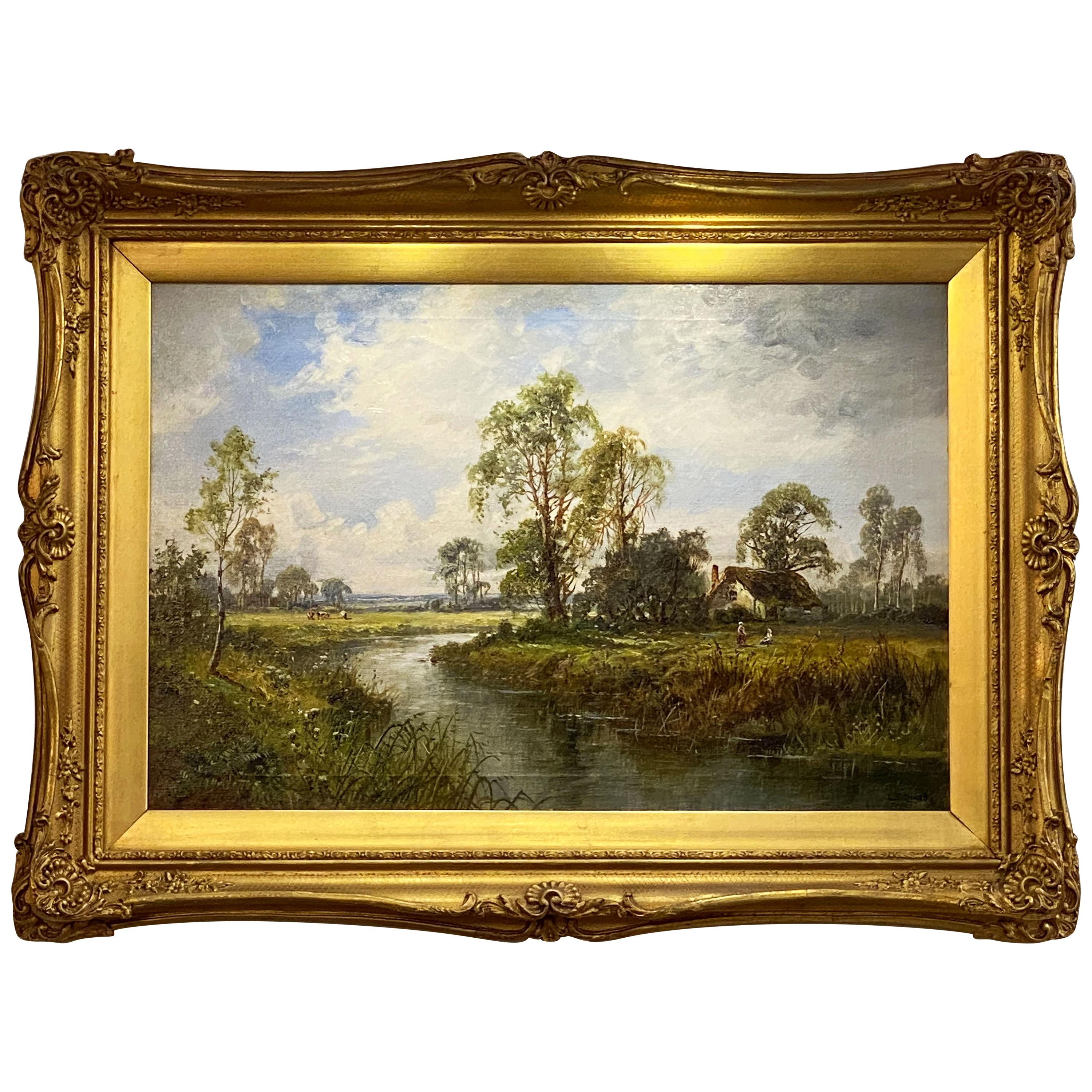 English Framed Oil Painting of a River Landscape by L. Richards