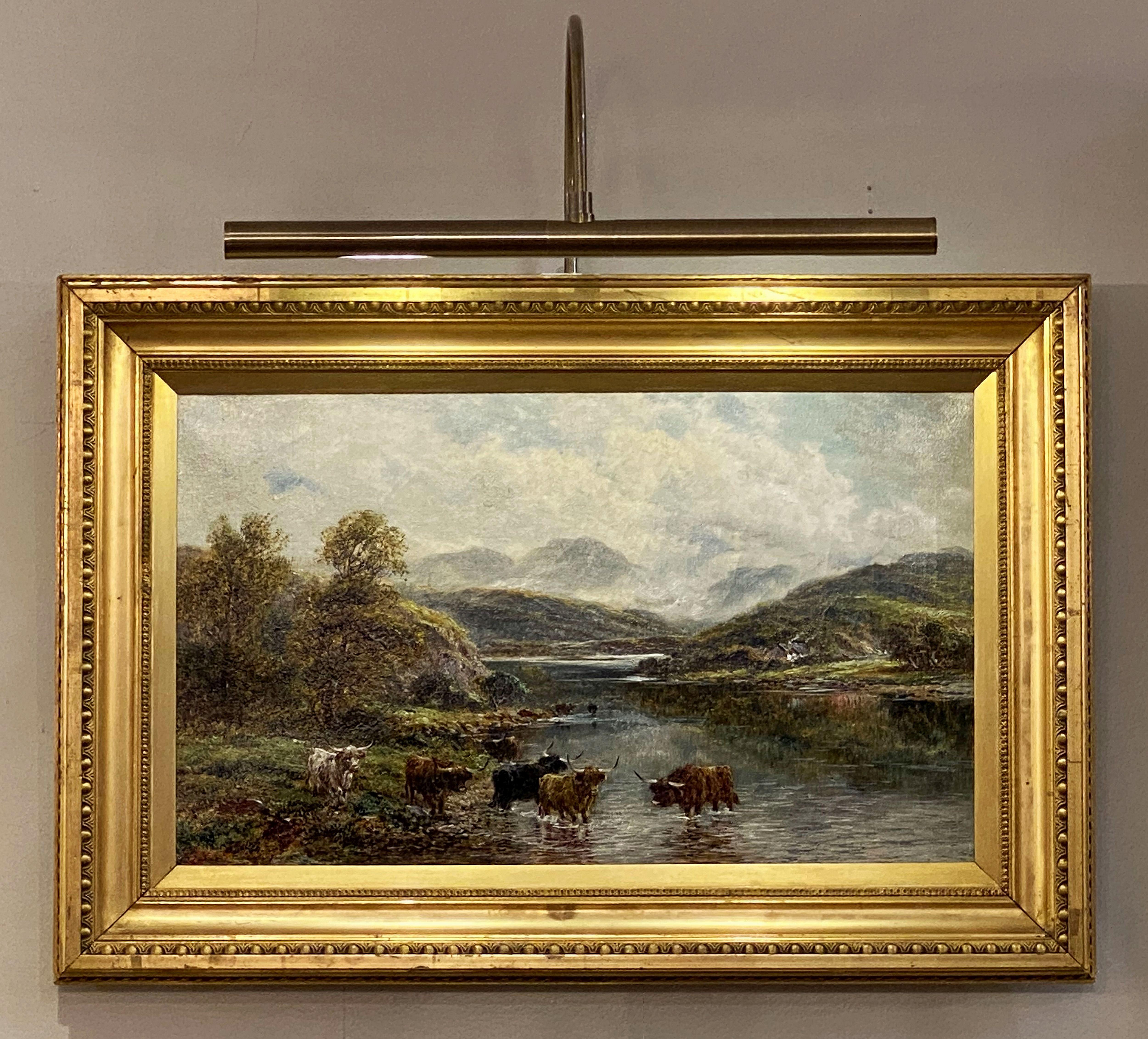 A fine rectangular English oil painting on canvas in a giltwood frame, featuring a highland river landscape with watering cattle.

Signed: Andrew Lennox

Dimensions: H 17 1/4 inches x W 25 1/2 inches x D 1 3/4 inches.