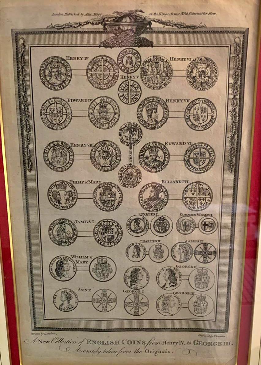 Englischer gerahmter Druck des 19. Jahrhunderts „Eine neue Sammlungen englischer Münzen“ (Barock) im Angebot