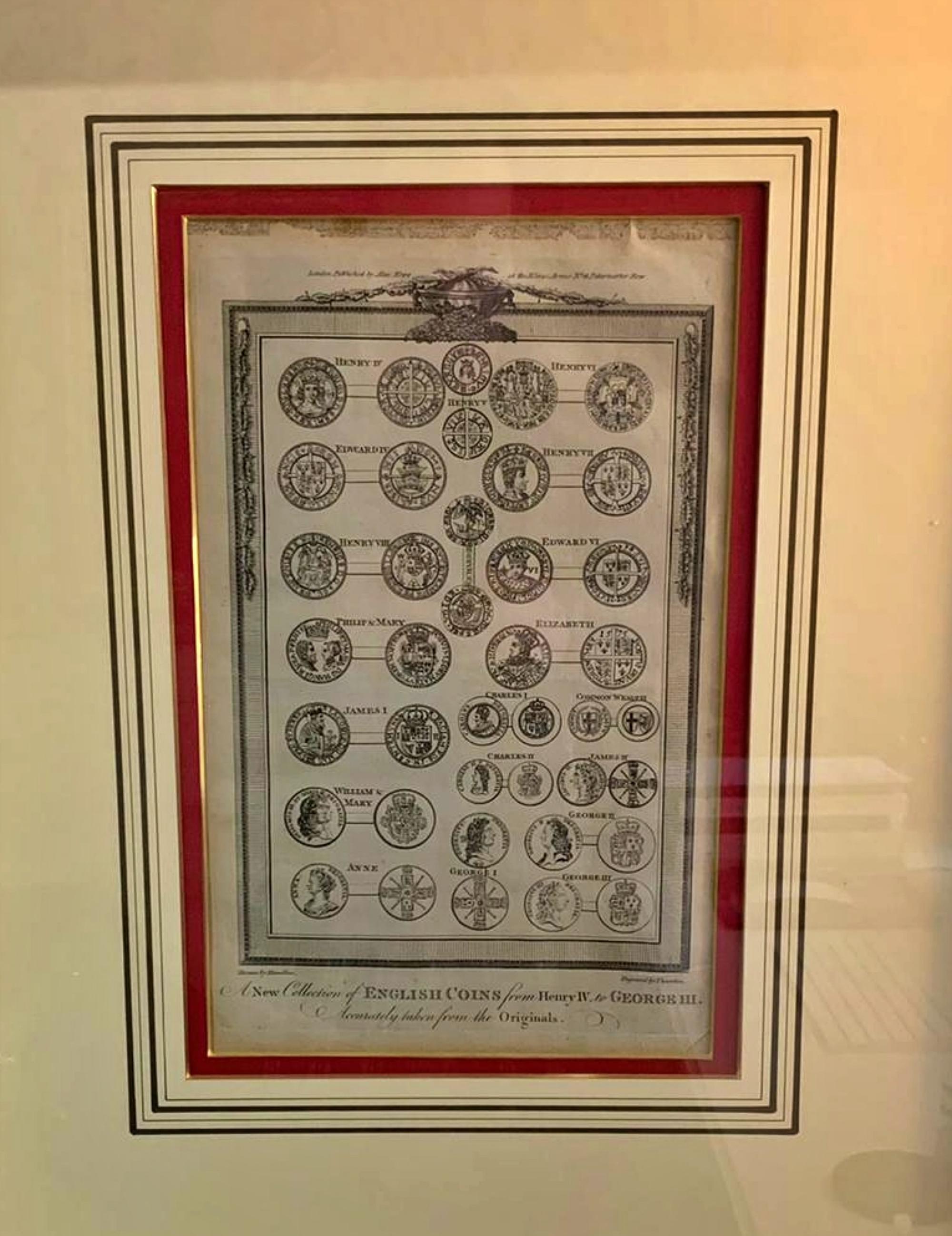 Trempé Impression encadrée anglaise du 19ème siècle « Une nouvelle collection de pièces de monnaie anglaises » en vente