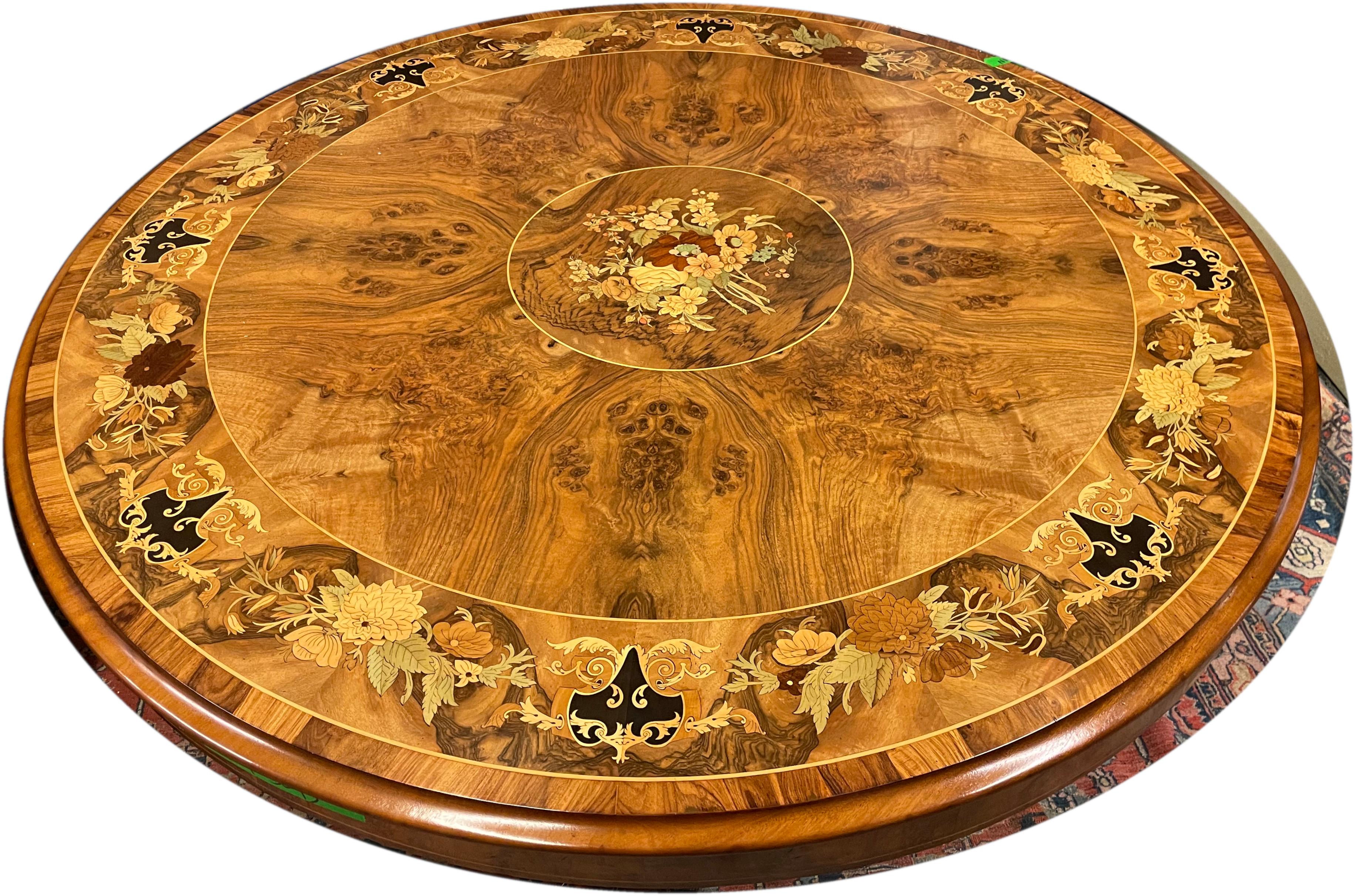 English Fruitwood Marquetry Walnut Tilt-Top Circular Breakfast Table For Sale 1