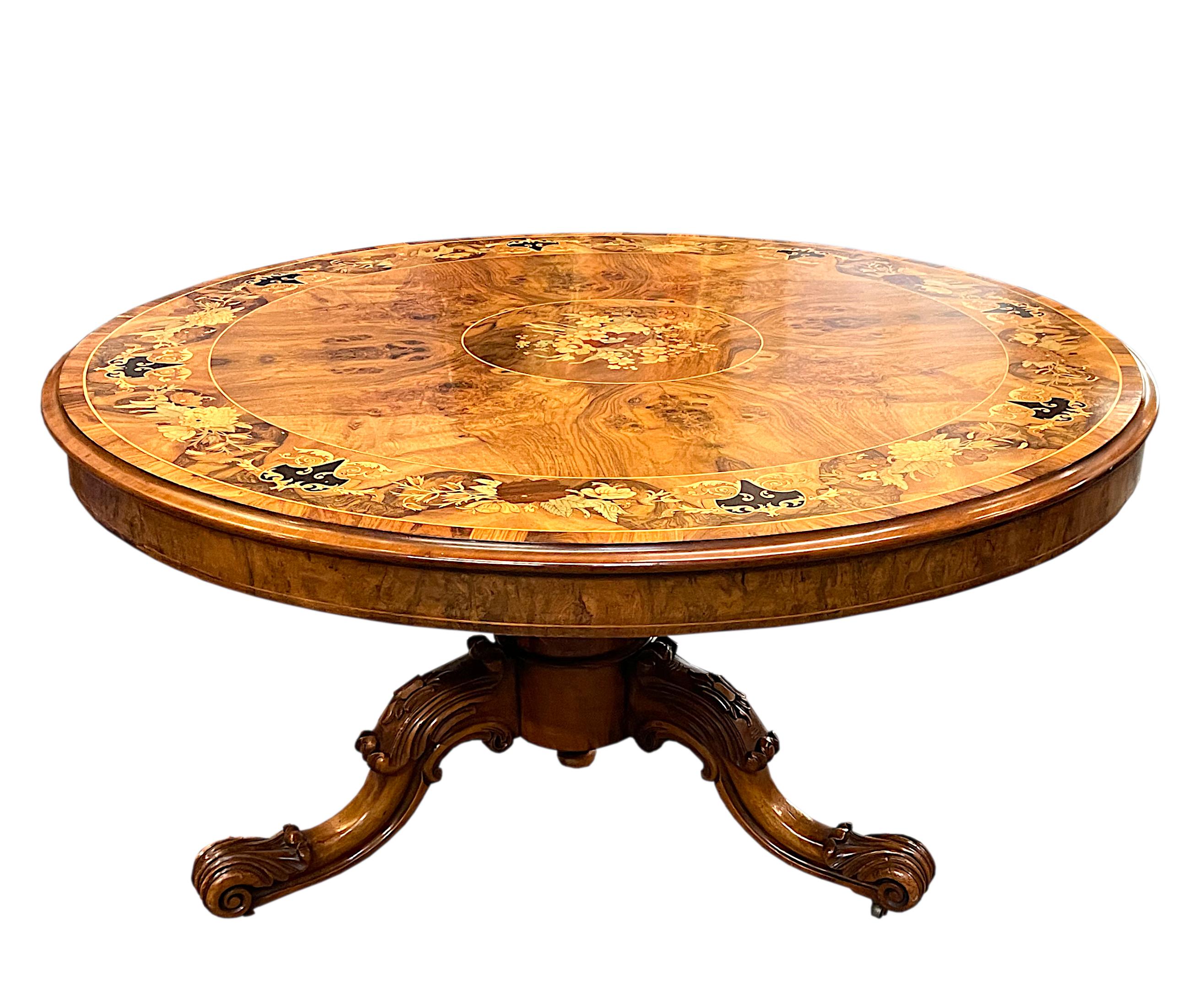English Fruitwood Marquetry Walnut Tilt-Top Circular Breakfast Table For Sale 3