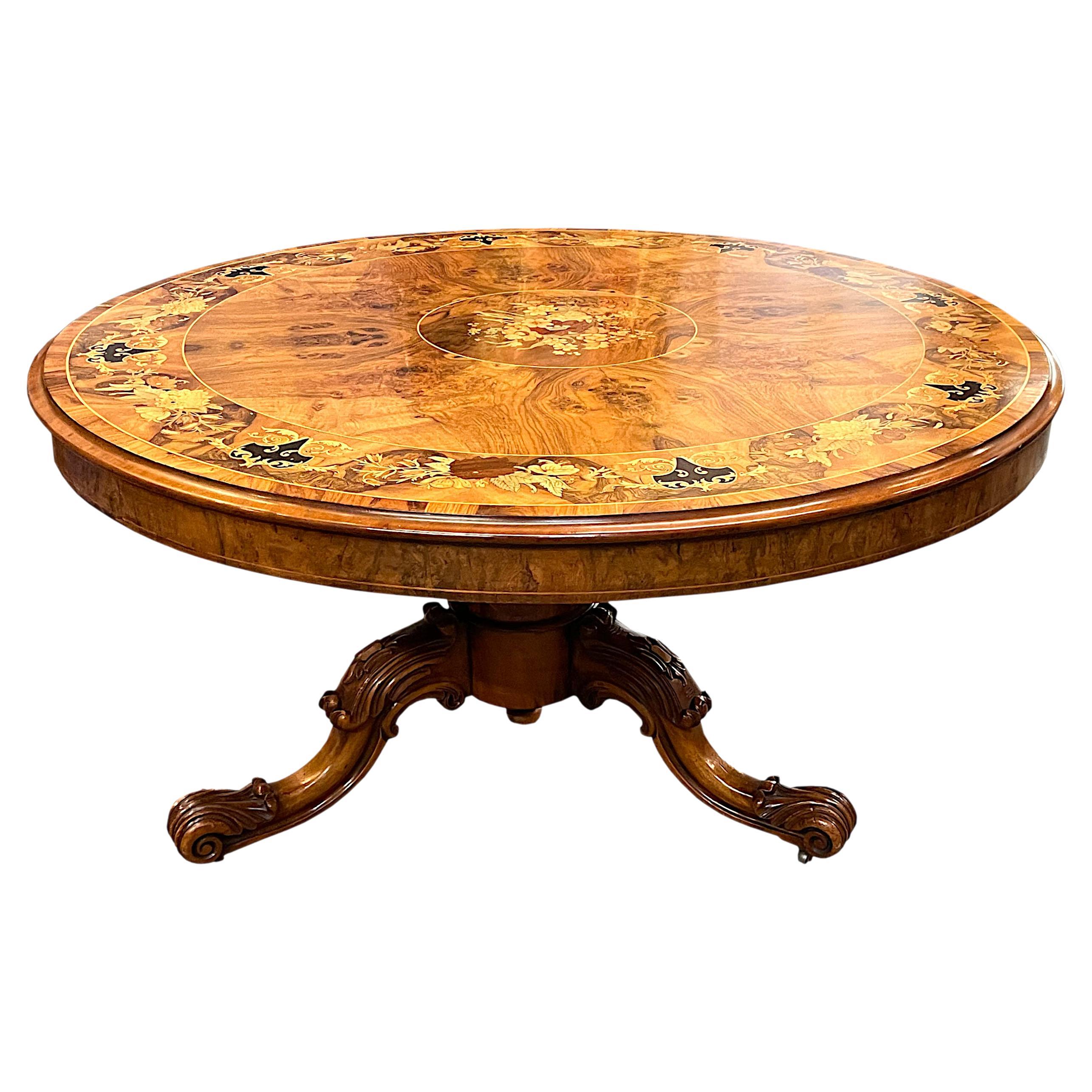 English Fruitwood Marquetry Walnut Tilt-Top Circular Breakfast Table For Sale