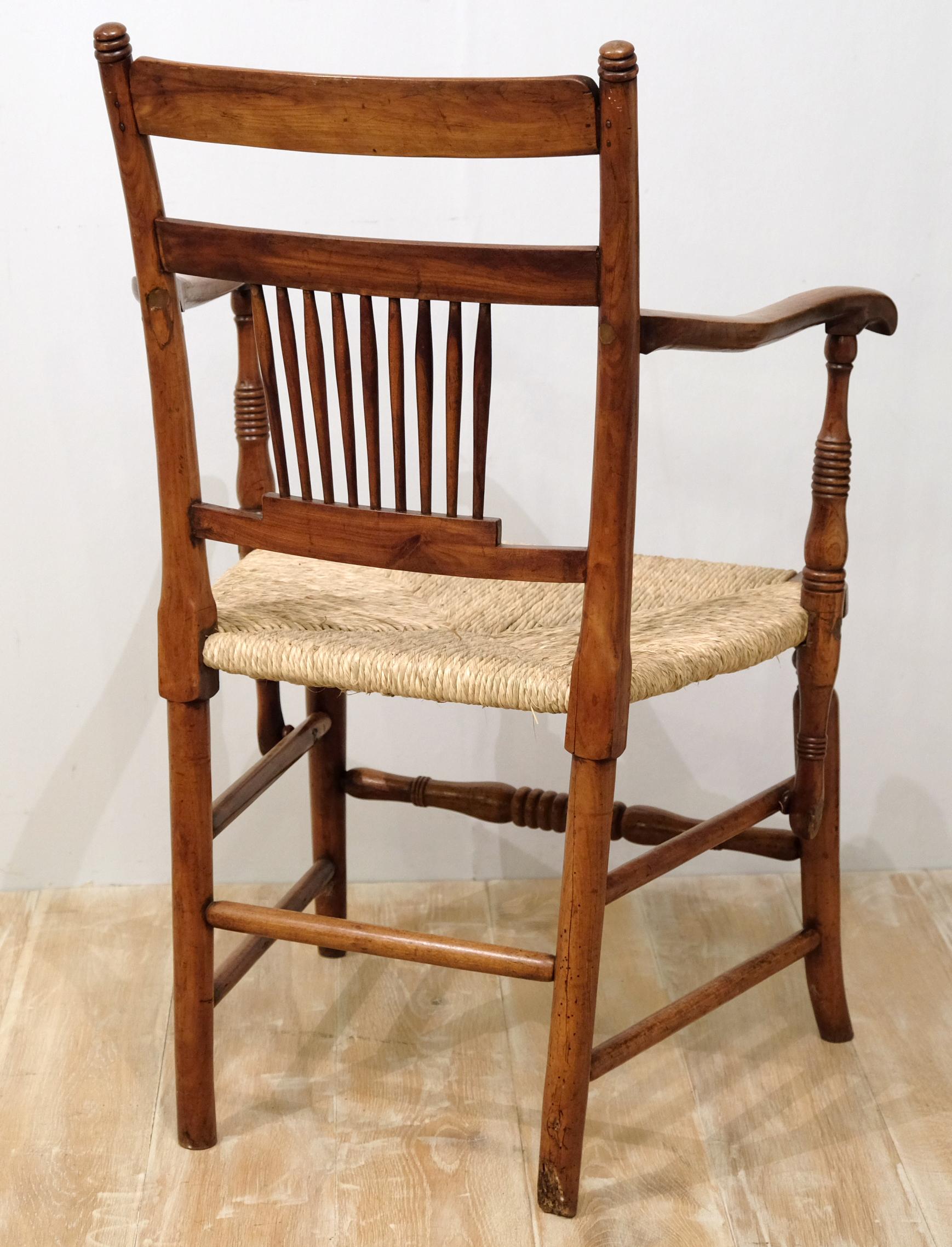 English Fruitwood Windsor Chair with Rush Seat, East Anglia, Rich Color 3