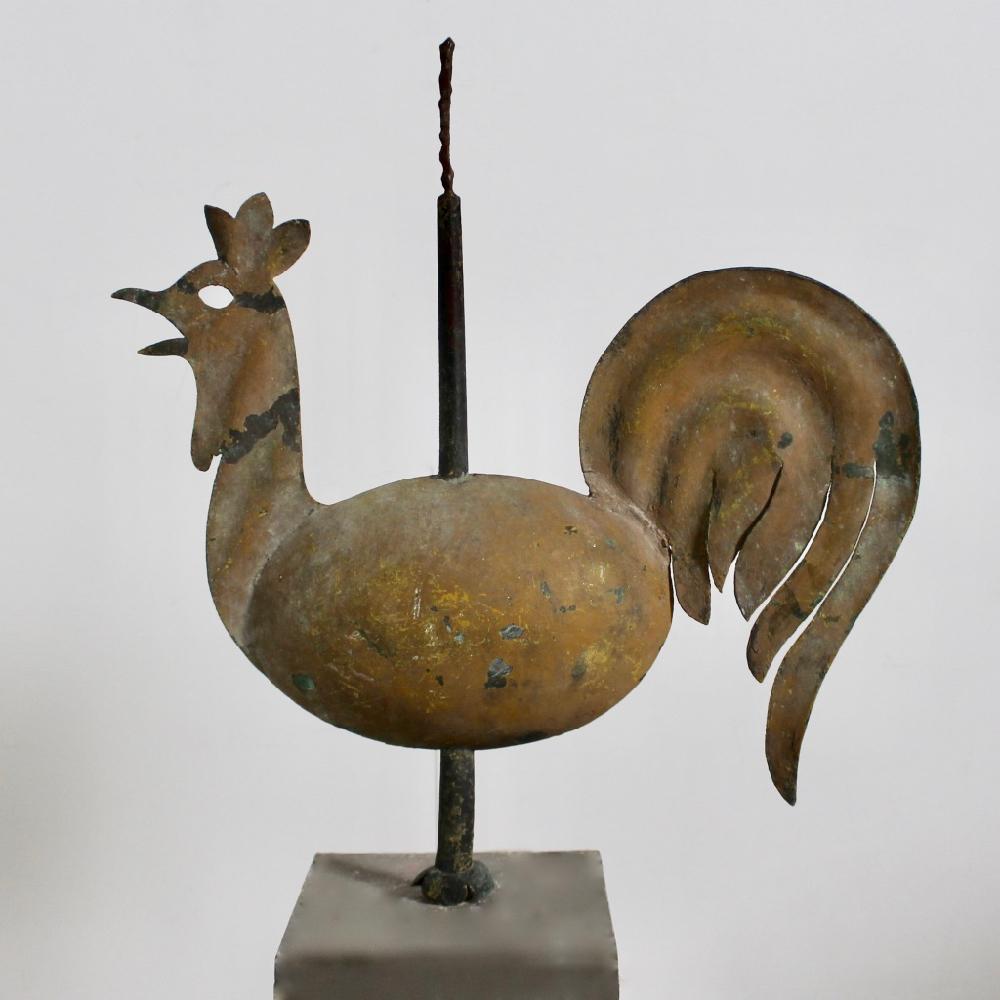 A glorious, large English full bodied copper cockerel weathervane from Christchurch tower, Gipsy Hill, South London. Made in copper, covered in layers of ancient paint, traces of its original gilding showing in places, this wonderful weathervane
