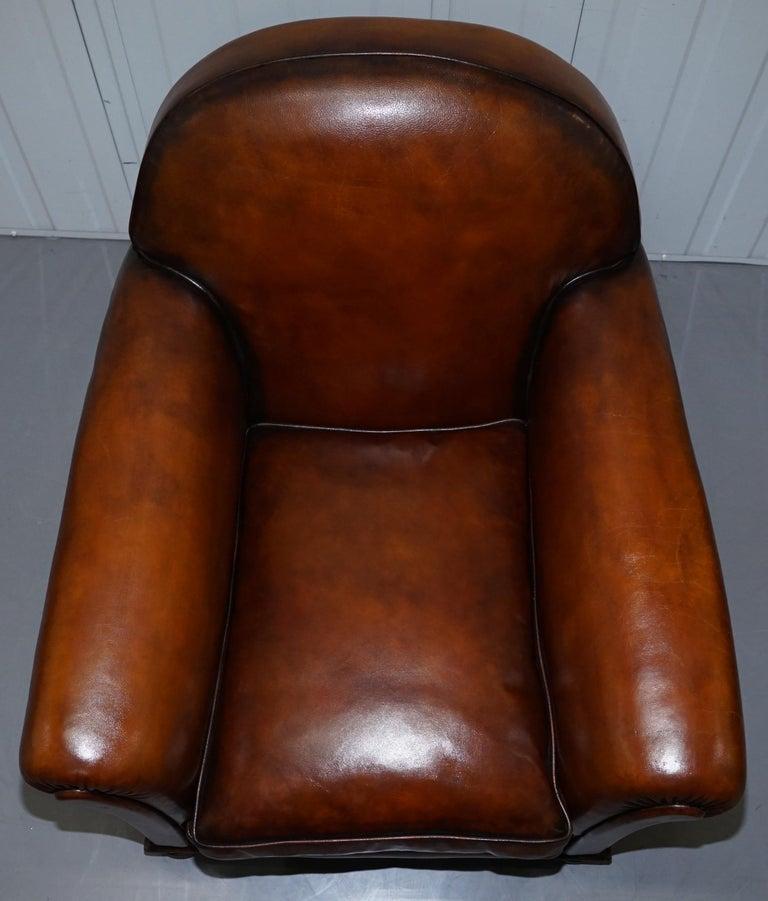 Hand-Carved English Fully Restored Hand Dyed Victorian Whisky Brown Leather Armchairs, Pair