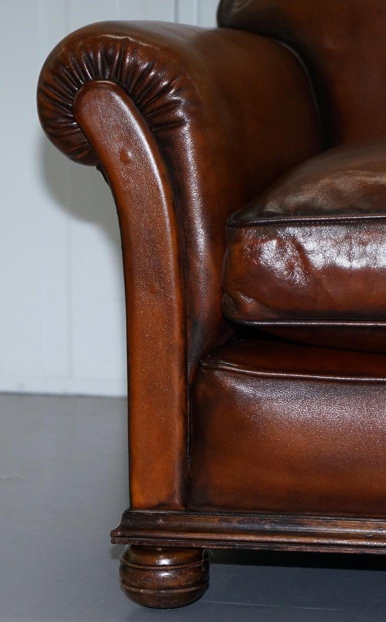 19th Century English Fully Restored Hand Dyed Victorian Whisky Brown Leather Armchairs, Pair