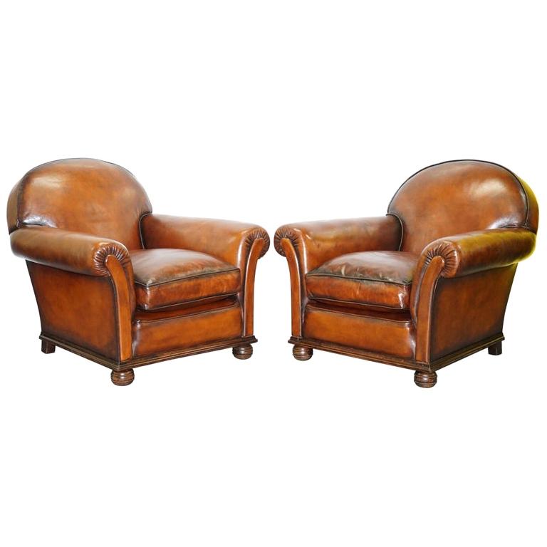 English Fully Restored Hand Dyed Victorian Whisky Brown Leather Armchairs, Pair