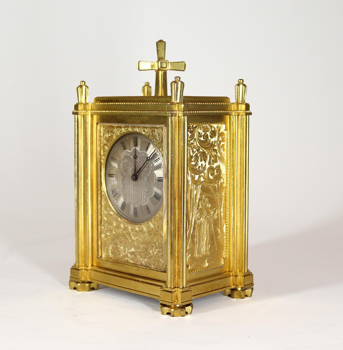 An exceptional English fusee carriage clock timepeice by two of the nineteenth centuries greatest clock makers. The eight day single chain fusee movement with maintaining power and jewelled underslung English lever escapement, the back plate