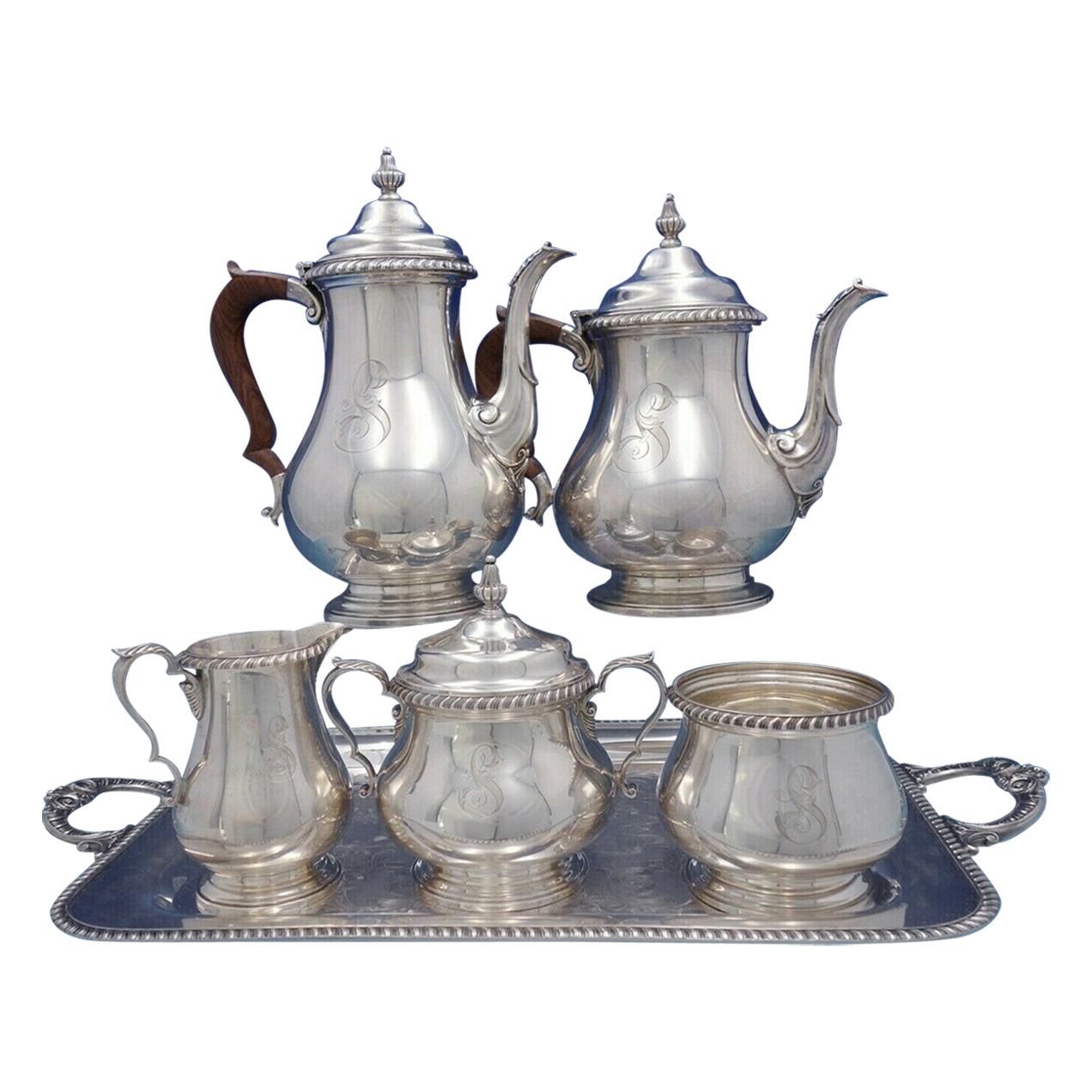English Gadroon by Gorham Sterling Silver 5-Piece Coffee Tea Set with Plate Tray