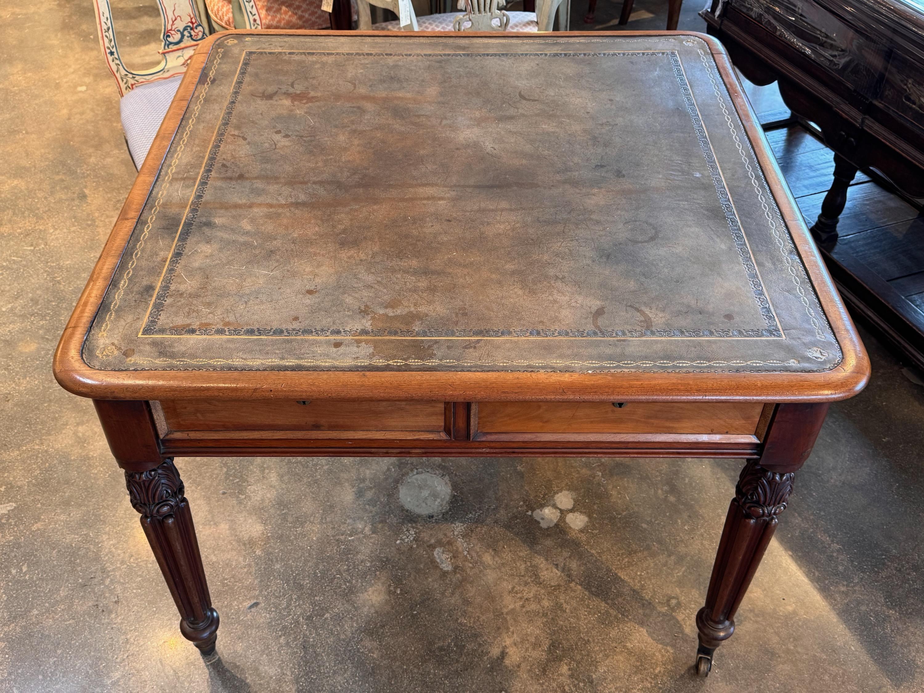 English Game Table With Leather Top In Good Condition In Charlottesville, VA