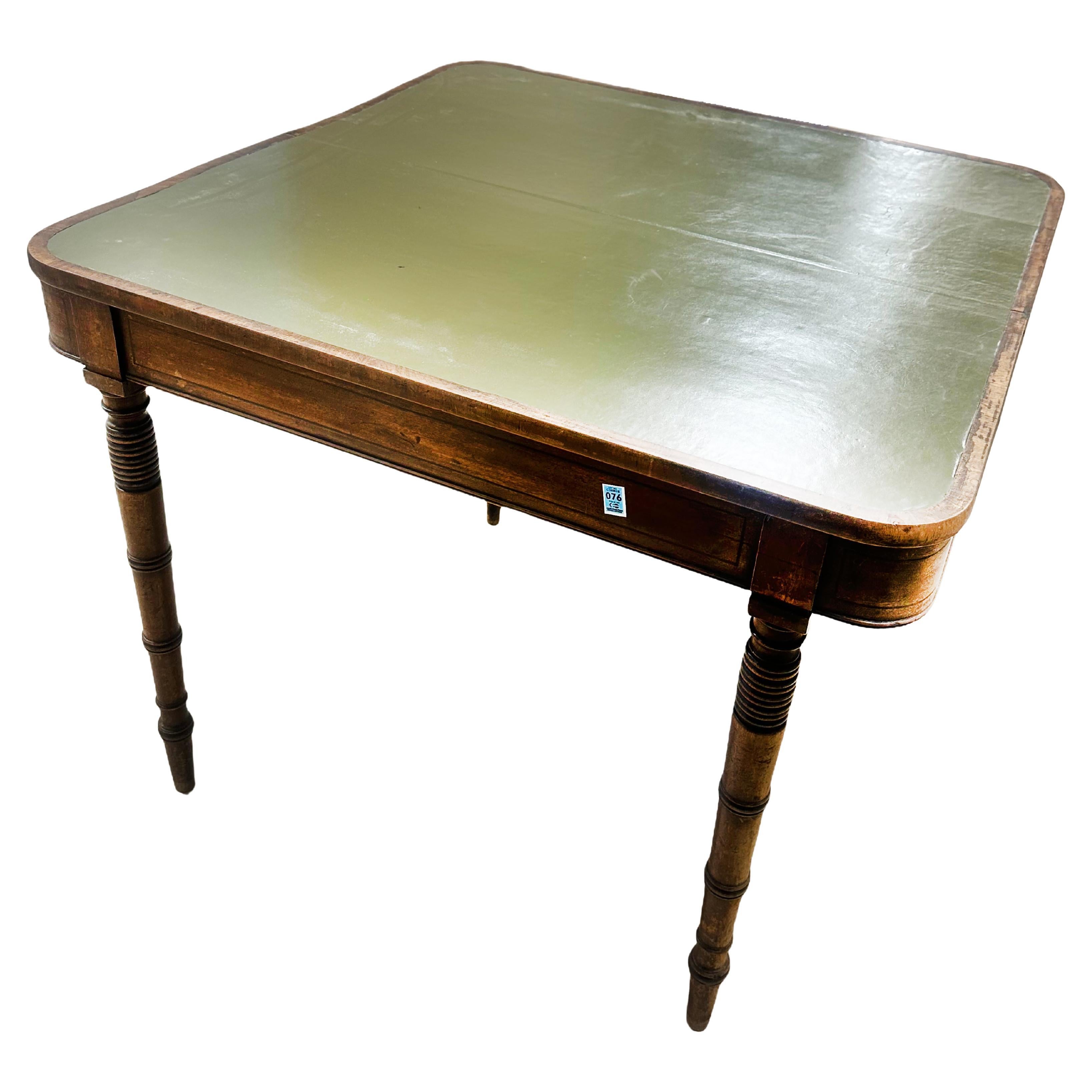 English Game Table with Tooled and Patinated Leather Top and Turned Leg