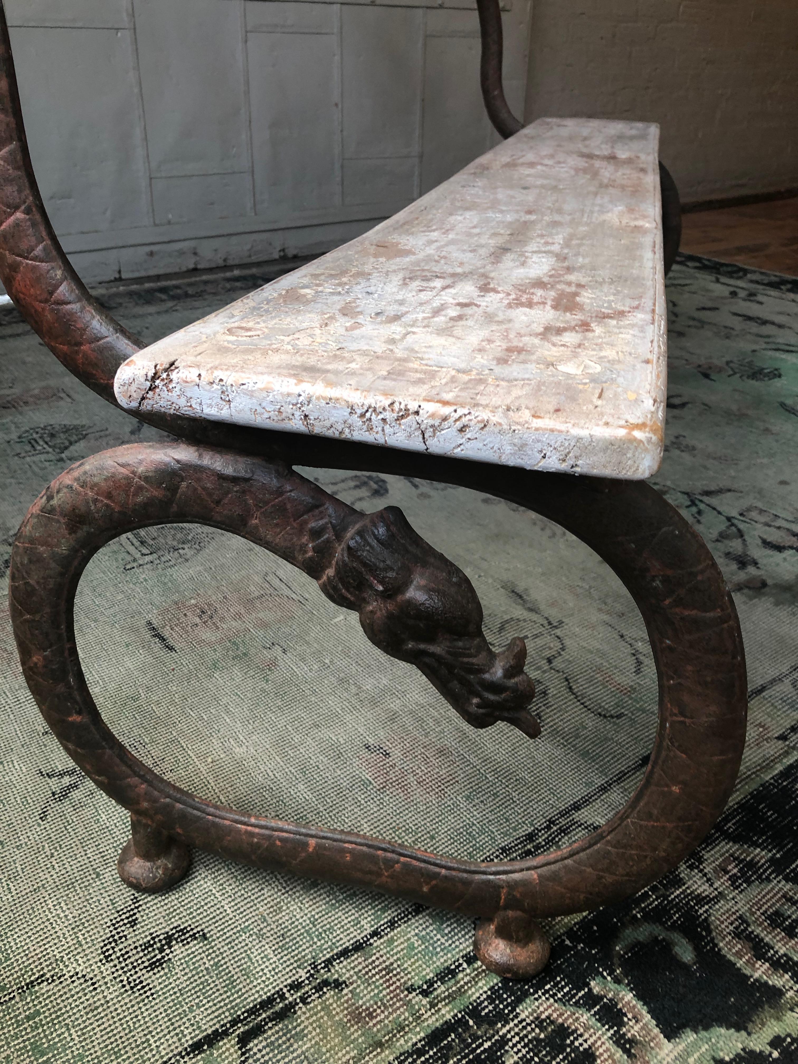 Mid-20th Century English Garden Bench with Cast Iron Serpent Base