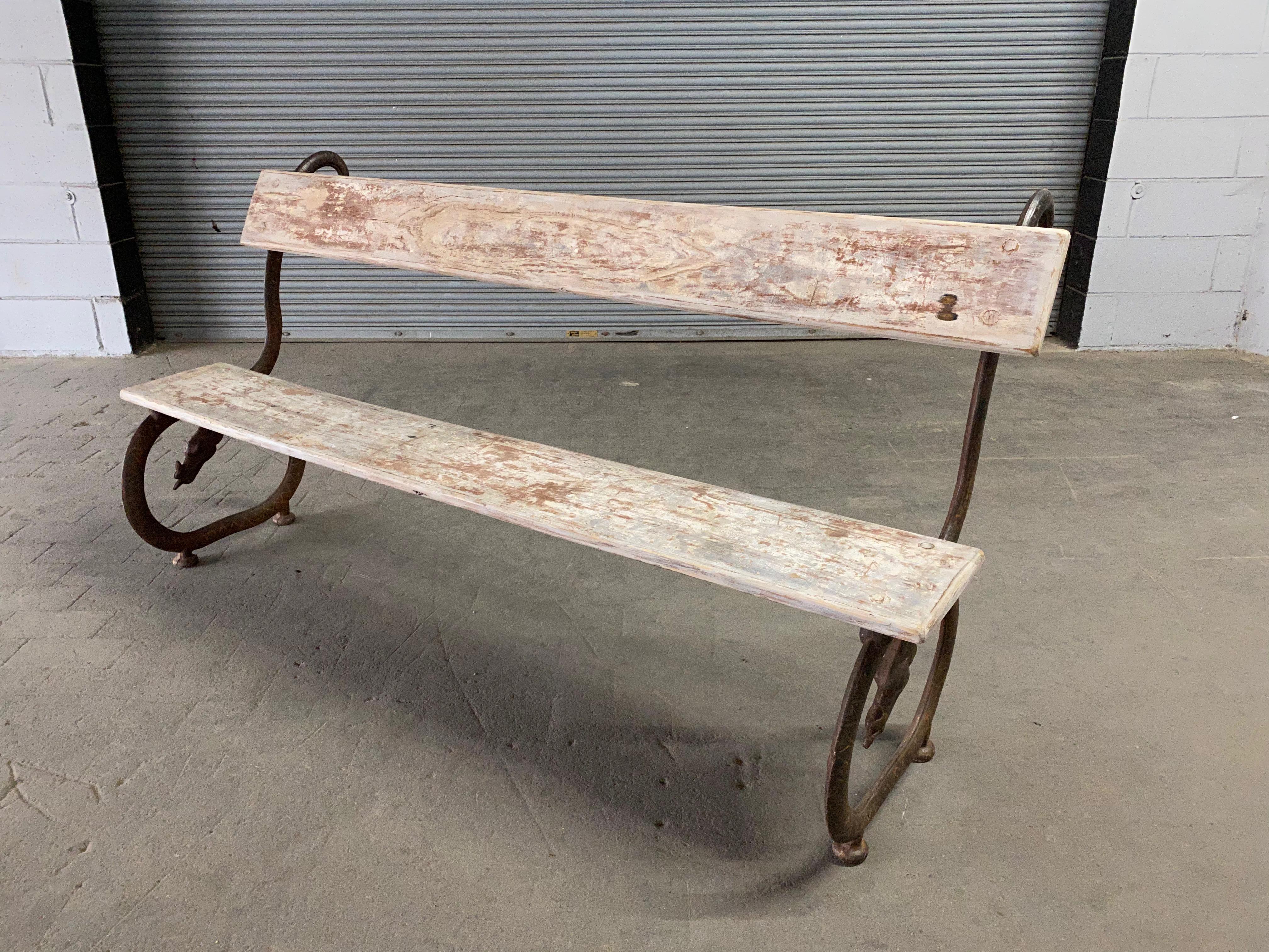 Wood English Garden Bench with Cast Iron Serpent Base