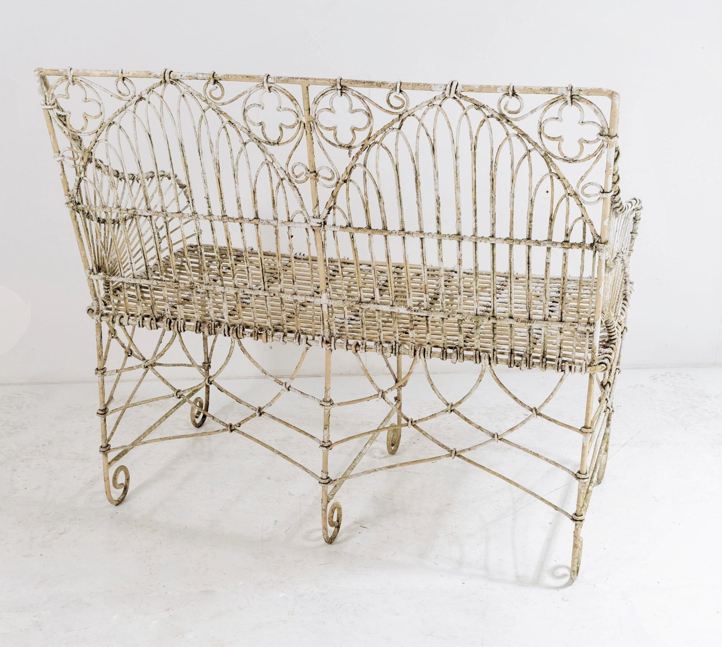 English Garden Bench Wrought Iron Style Wirework Seat with Weathered Patina 2