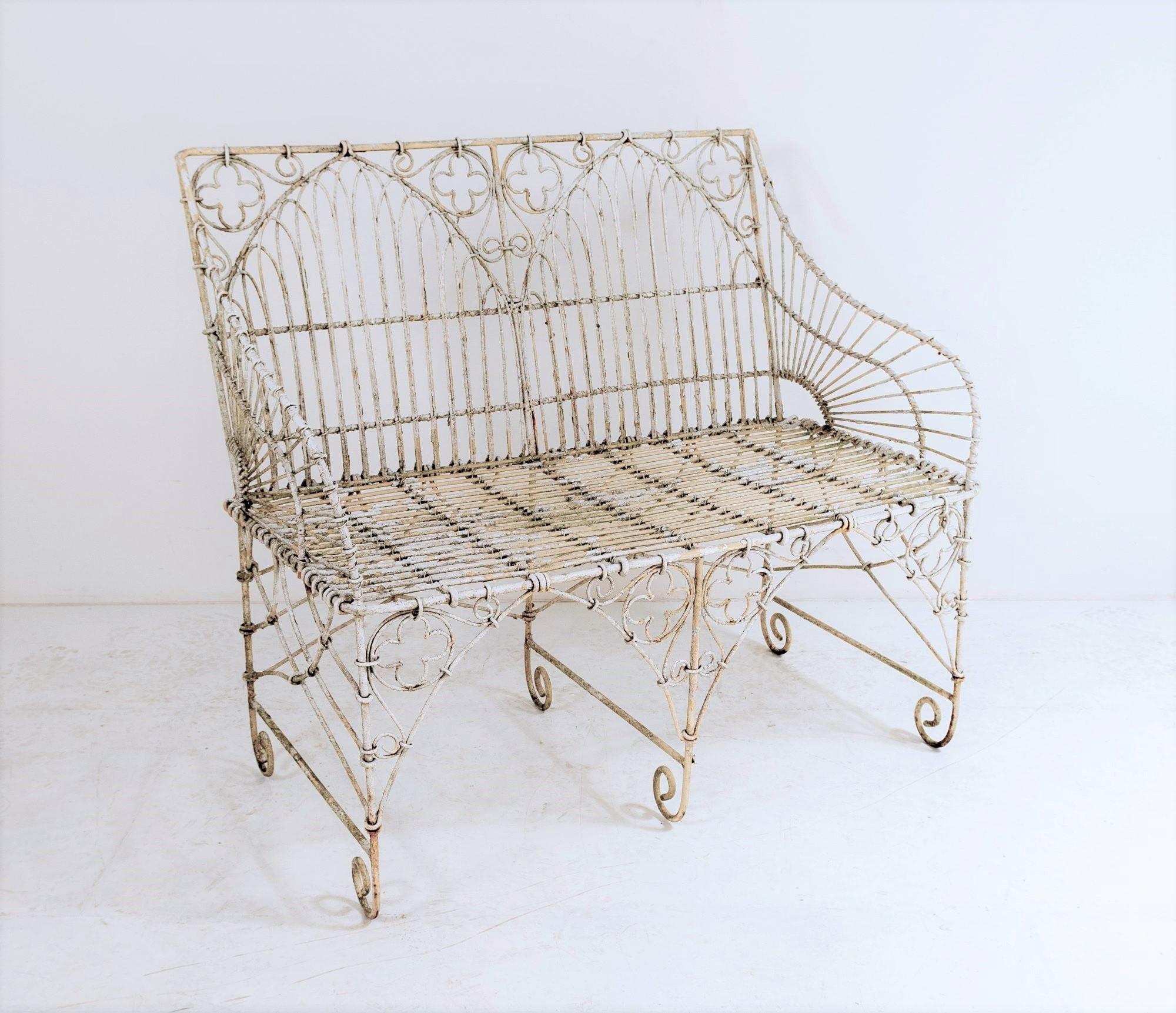 Gothic Revival English Garden Bench Wrought Iron Style Wirework Seat with Weathered Patina