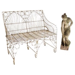English Garden Bench Wrought Iron Style Wirework Seat with Weathered Patina