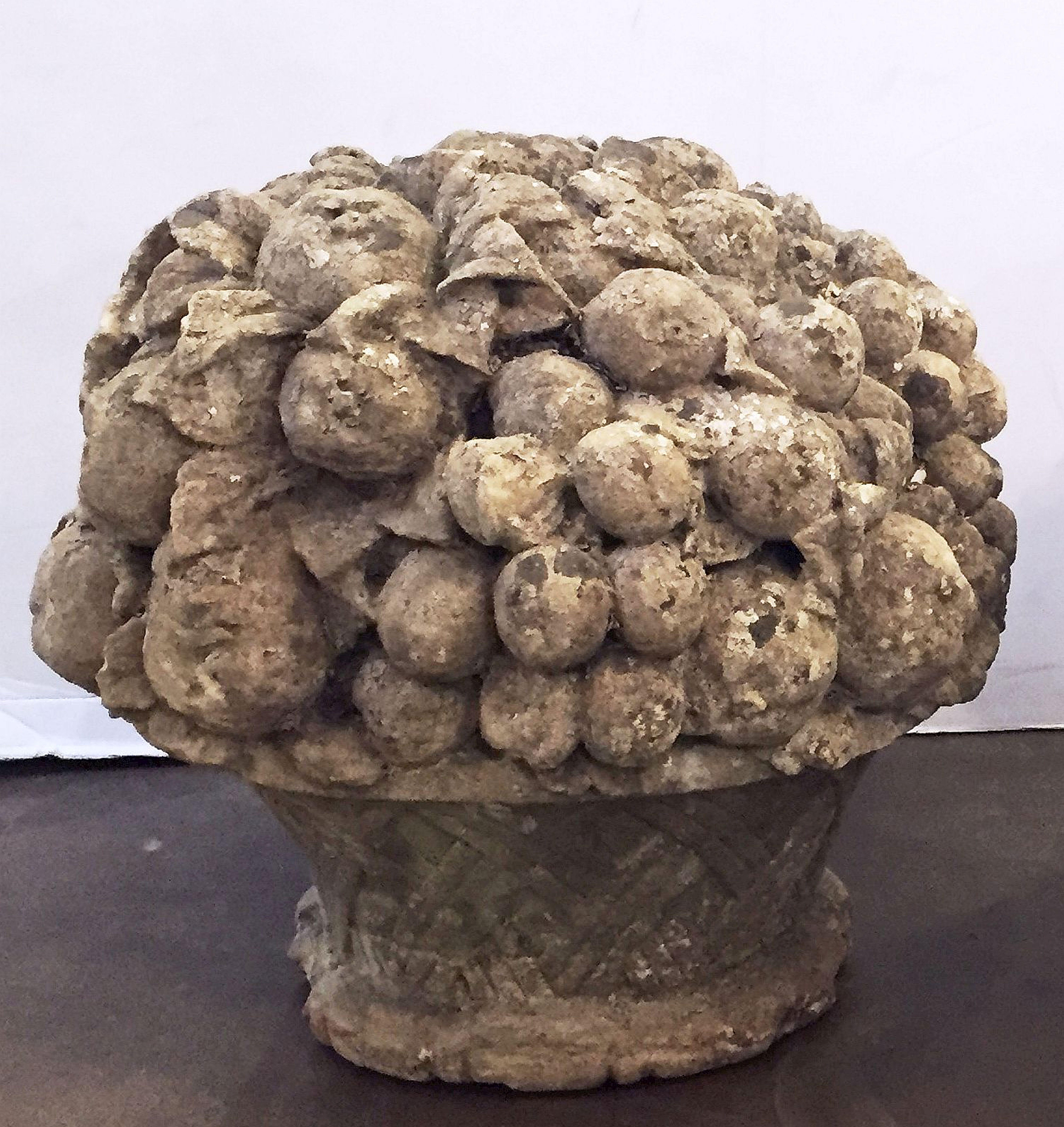 An English garden ornamental sculpture of a fruit basket (or bouquet) - of composition stone - featuring a variety of stone fruit upon a woven basket.

Perfect for display in an indoor or outdoor garden, garden room, or conservatory!



