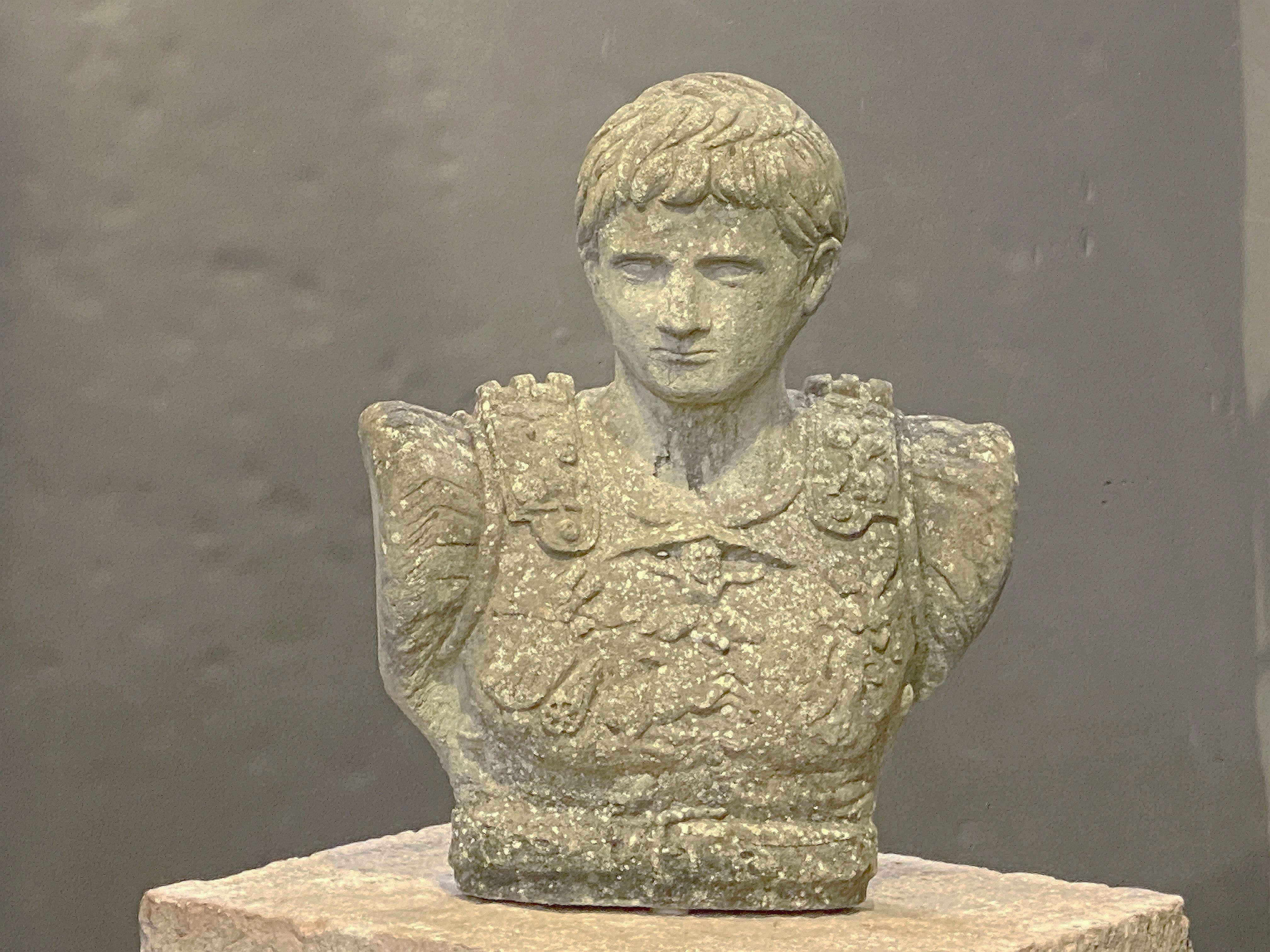 Classical Roman English Garden Stone Bust of Julius Caesar For Sale