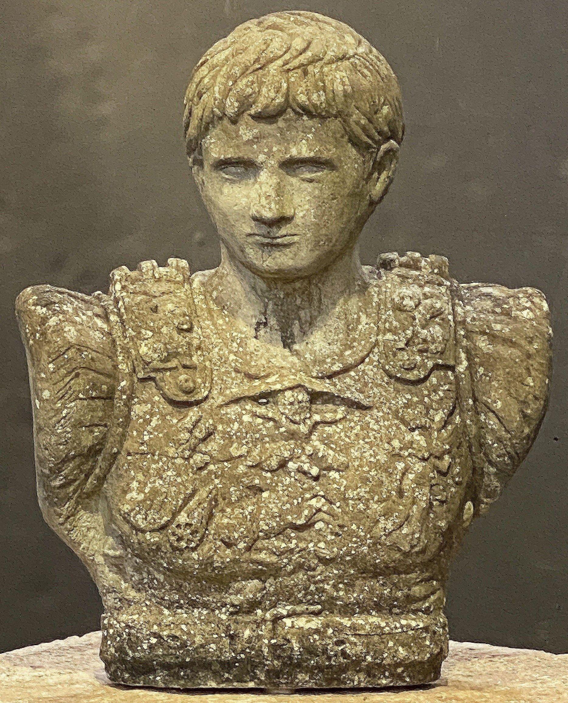English Garden Stone Bust of Julius Caesar In Good Condition For Sale In Austin, TX