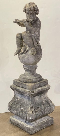 English Garden Stone Figure of a Child Putti Playing Flute on a Plinth Base