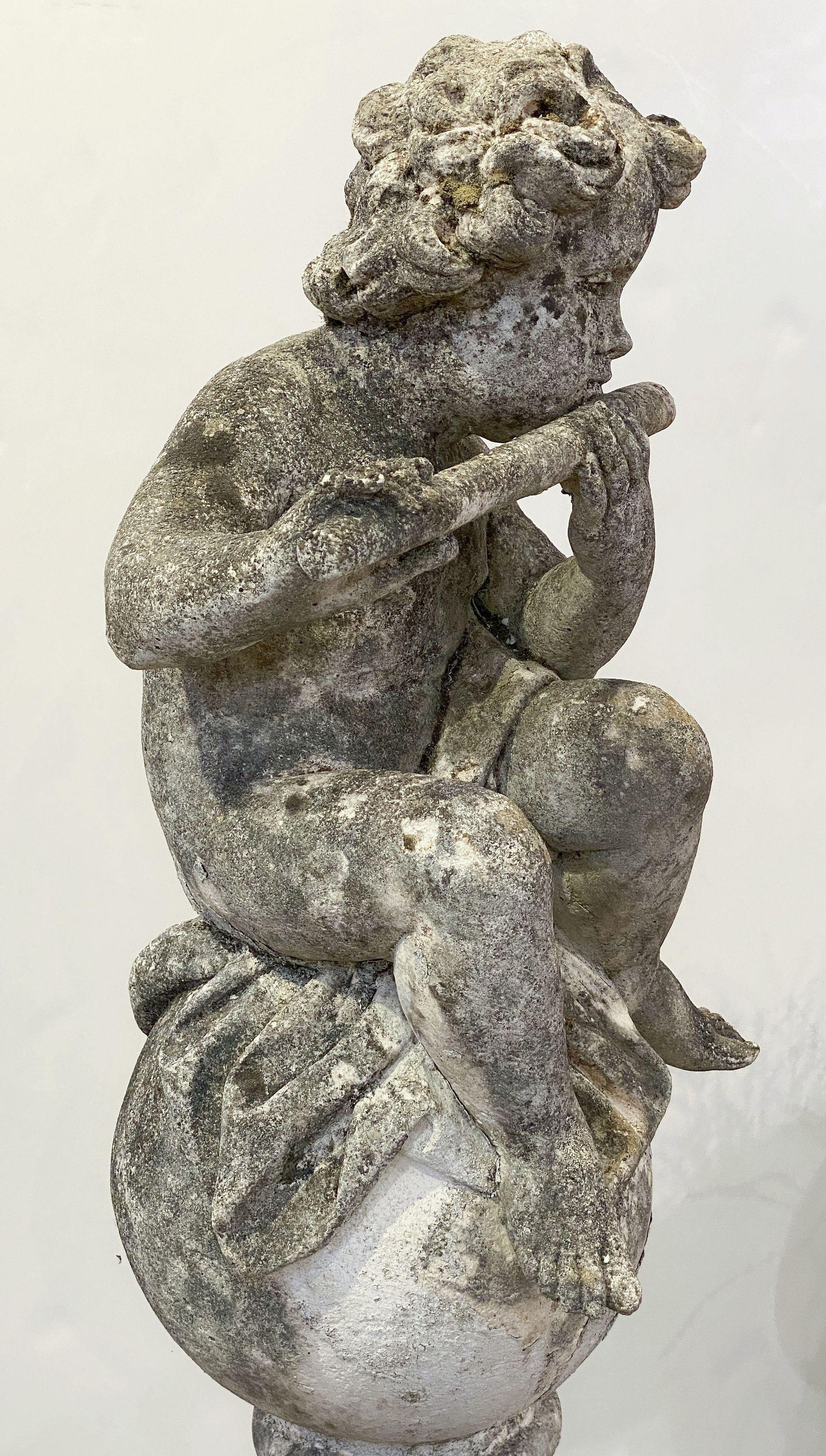 English Garden Stone Figure of a Child Putti Playing Flute on a Plinth Base For Sale 1