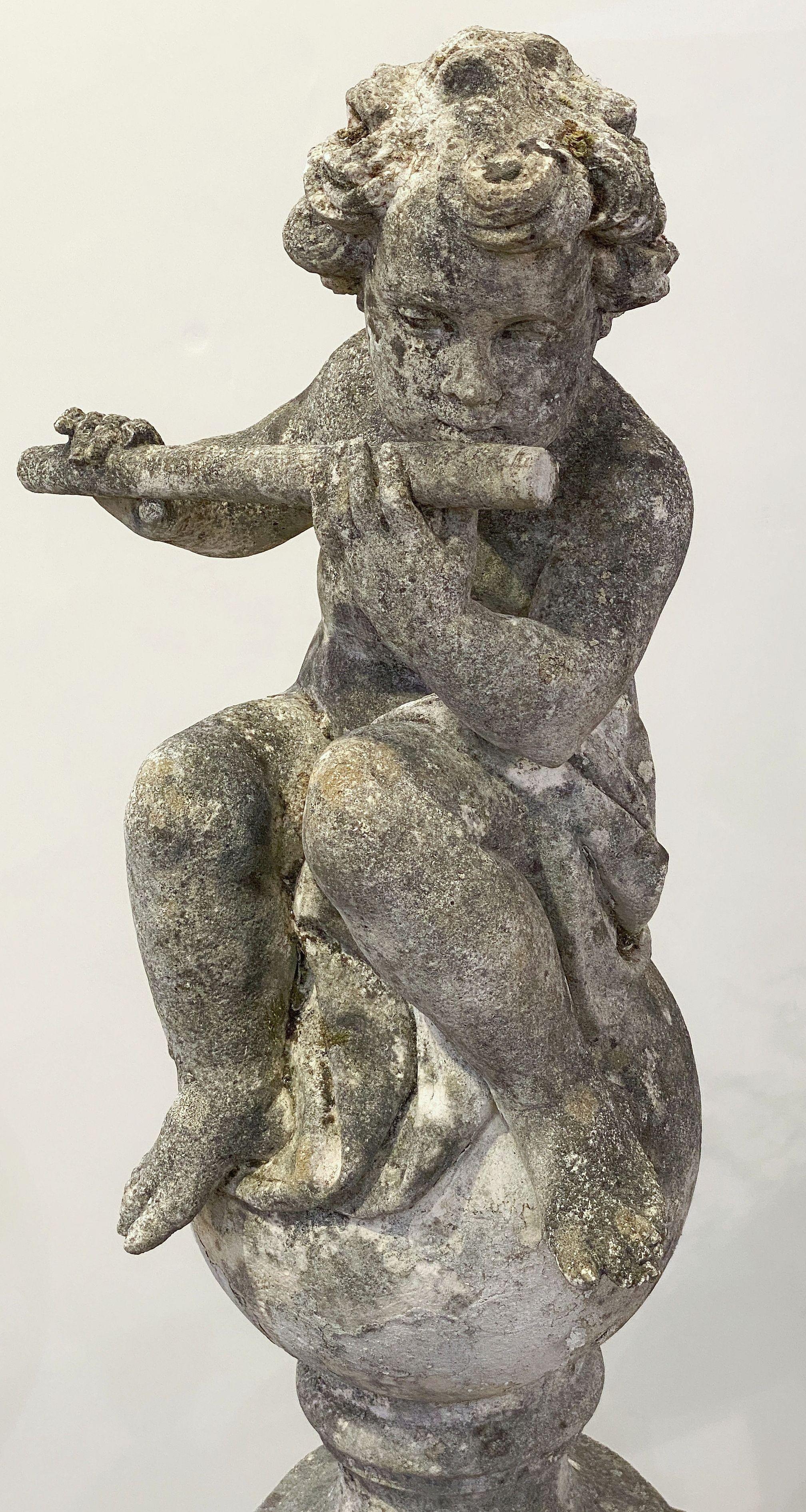 English Garden Stone Figure of a Child Putti Playing Flute on a Plinth Base For Sale 3