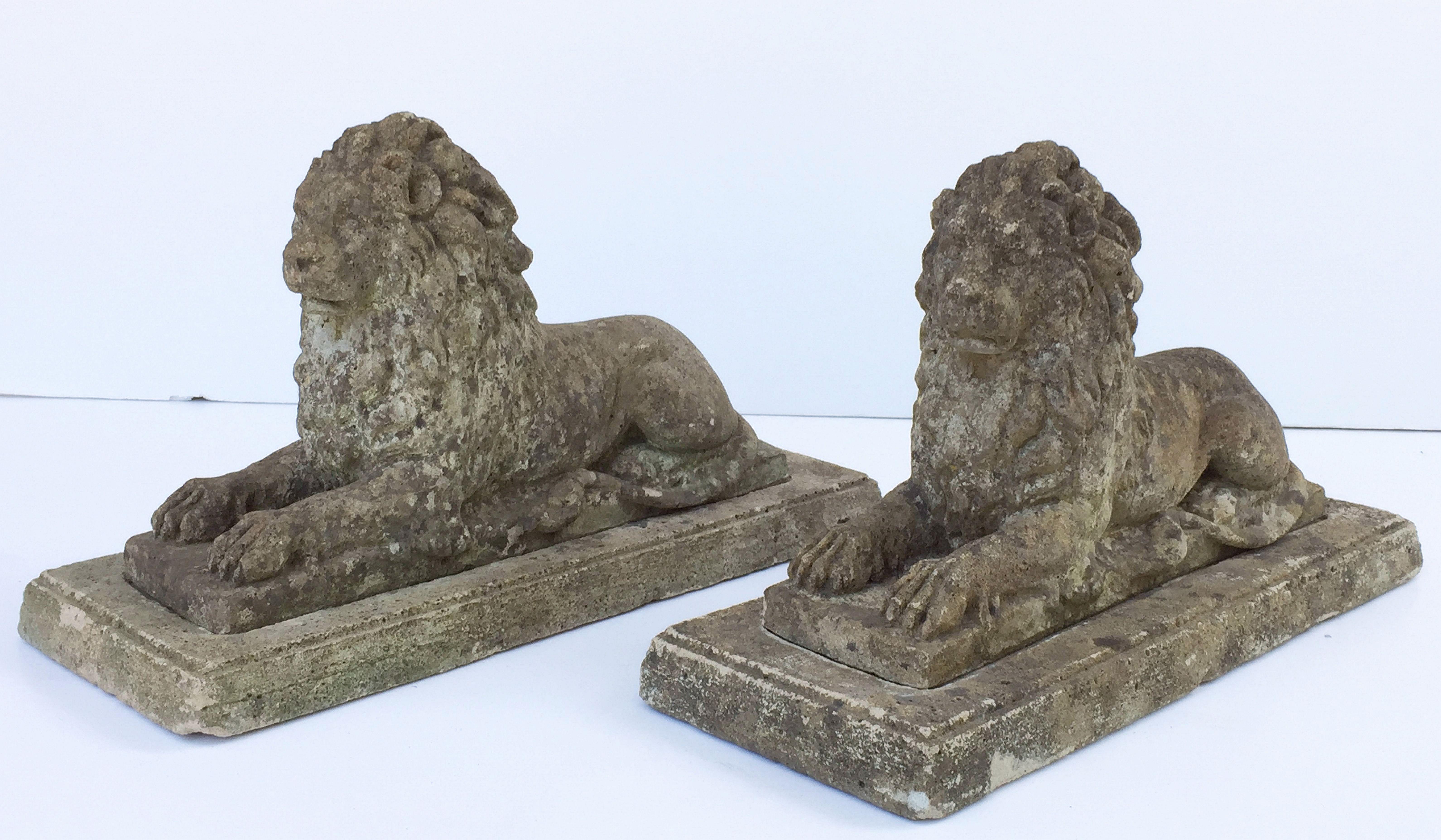 English Garden Stone Lions on Plinths 'Priced as a Pair' In Excellent Condition In Austin, TX