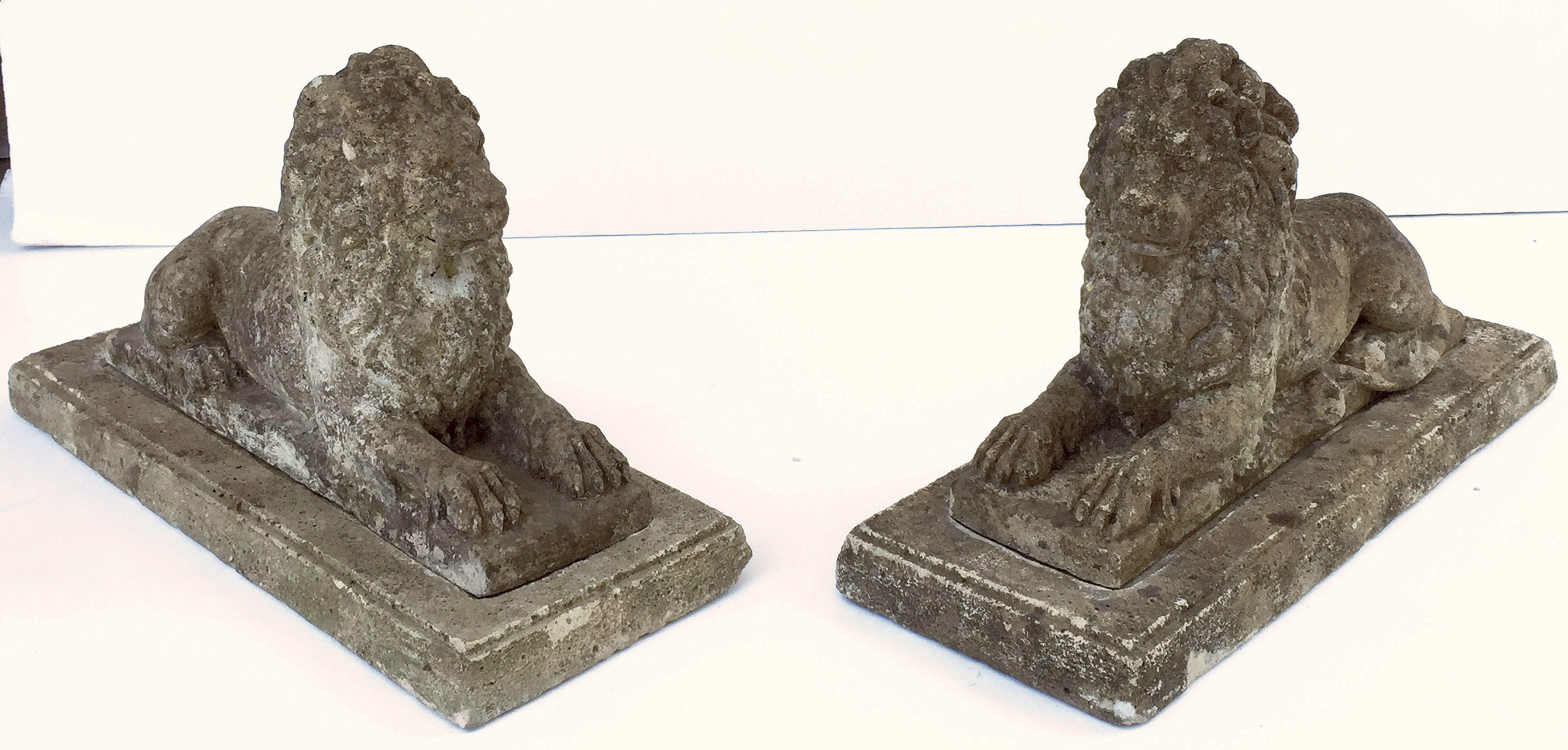 English Garden Stone Lions on Plinths 'Priced as a Pair' 1