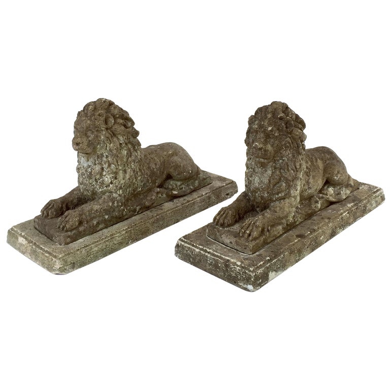 English Garden Stone Lions on Plinths 'Priced as a Pair' at 1stDibs