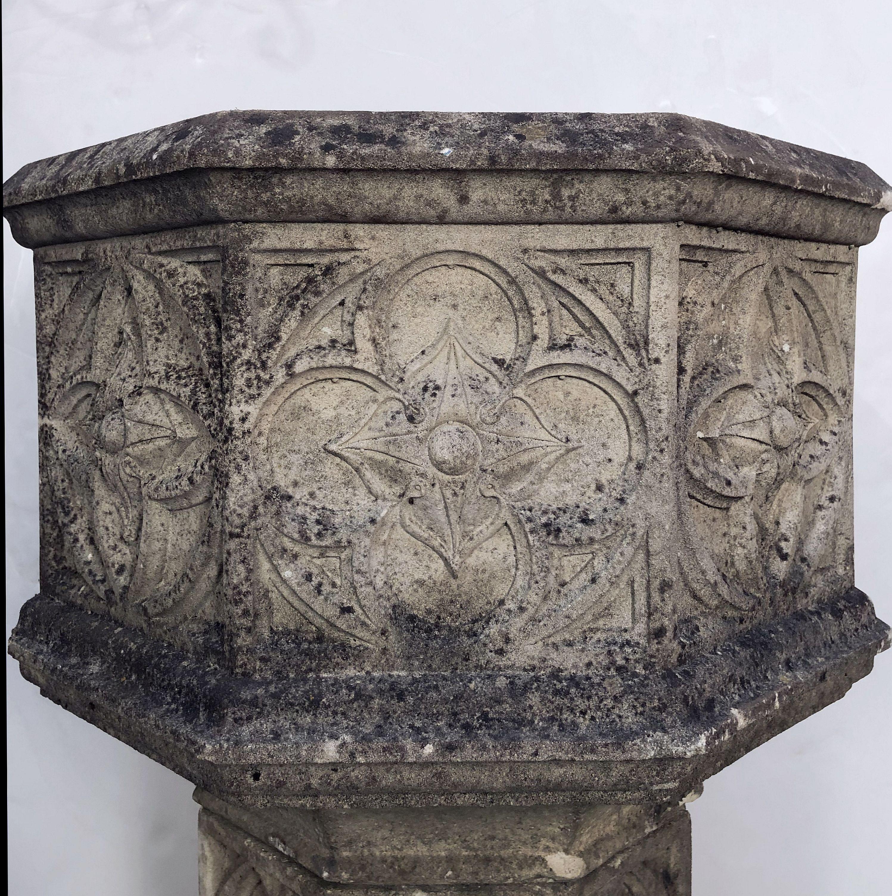 English Garden Stone Octagonal Planter on Pedestal Stand in the Gothic Style 3