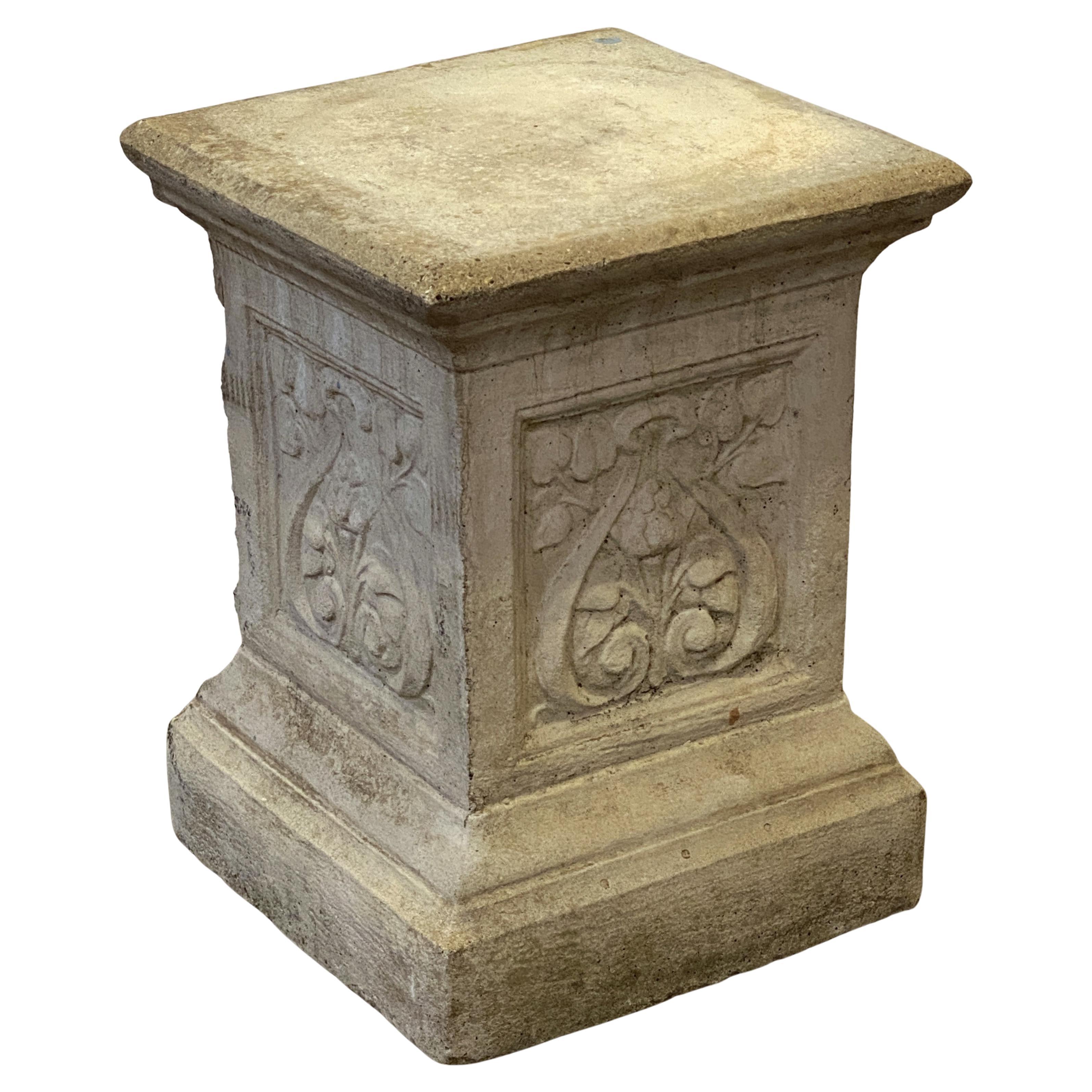 English Garden Stone Pedestal or Plinth with Foliate Motif For Sale